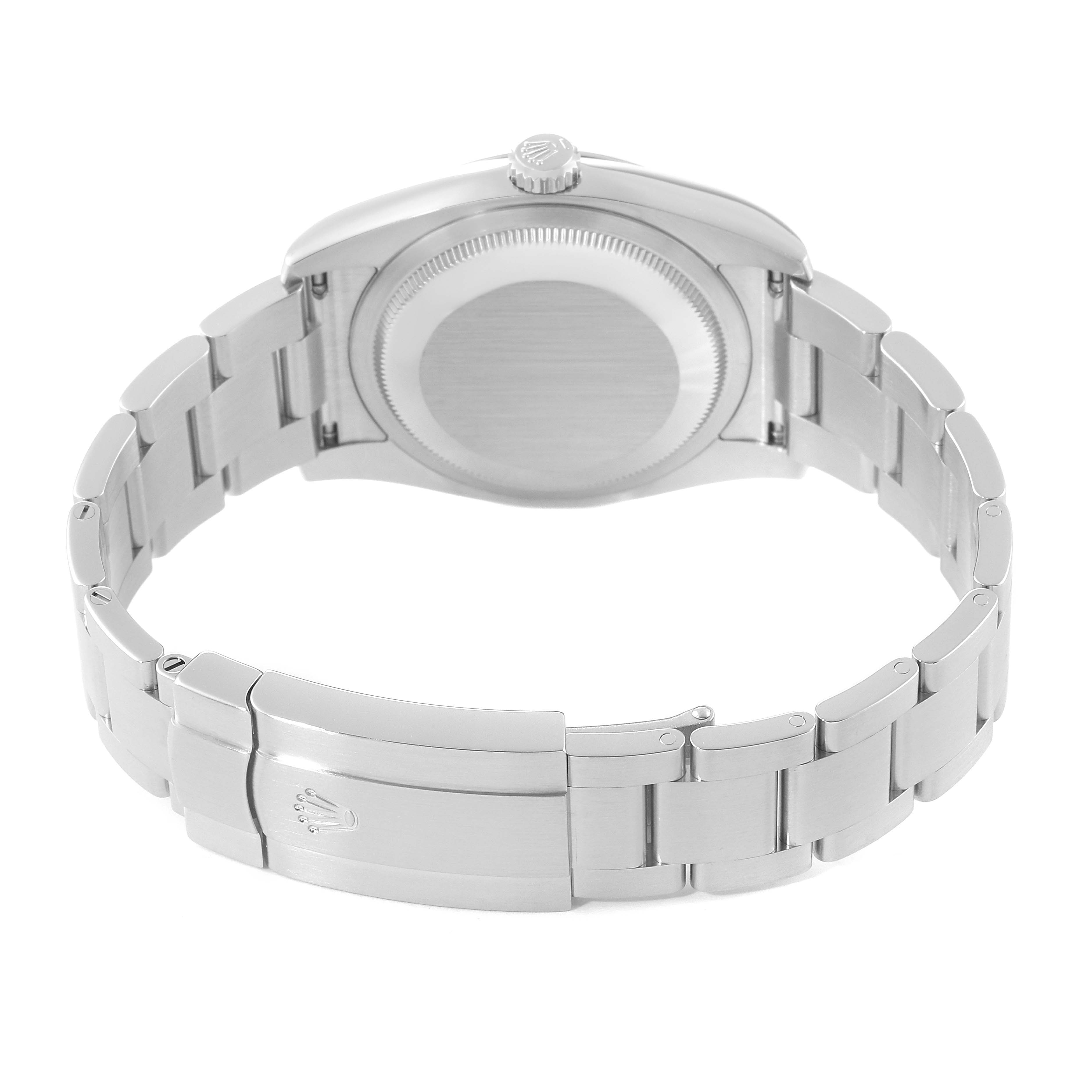 The image shows the back view of a Rolex Oyster Perpetual 116000 Men's Stainless Steel Blue Dial 116000 Men's Stainless Steel Blue Dial watch, highlighting the clasp and bracelet.