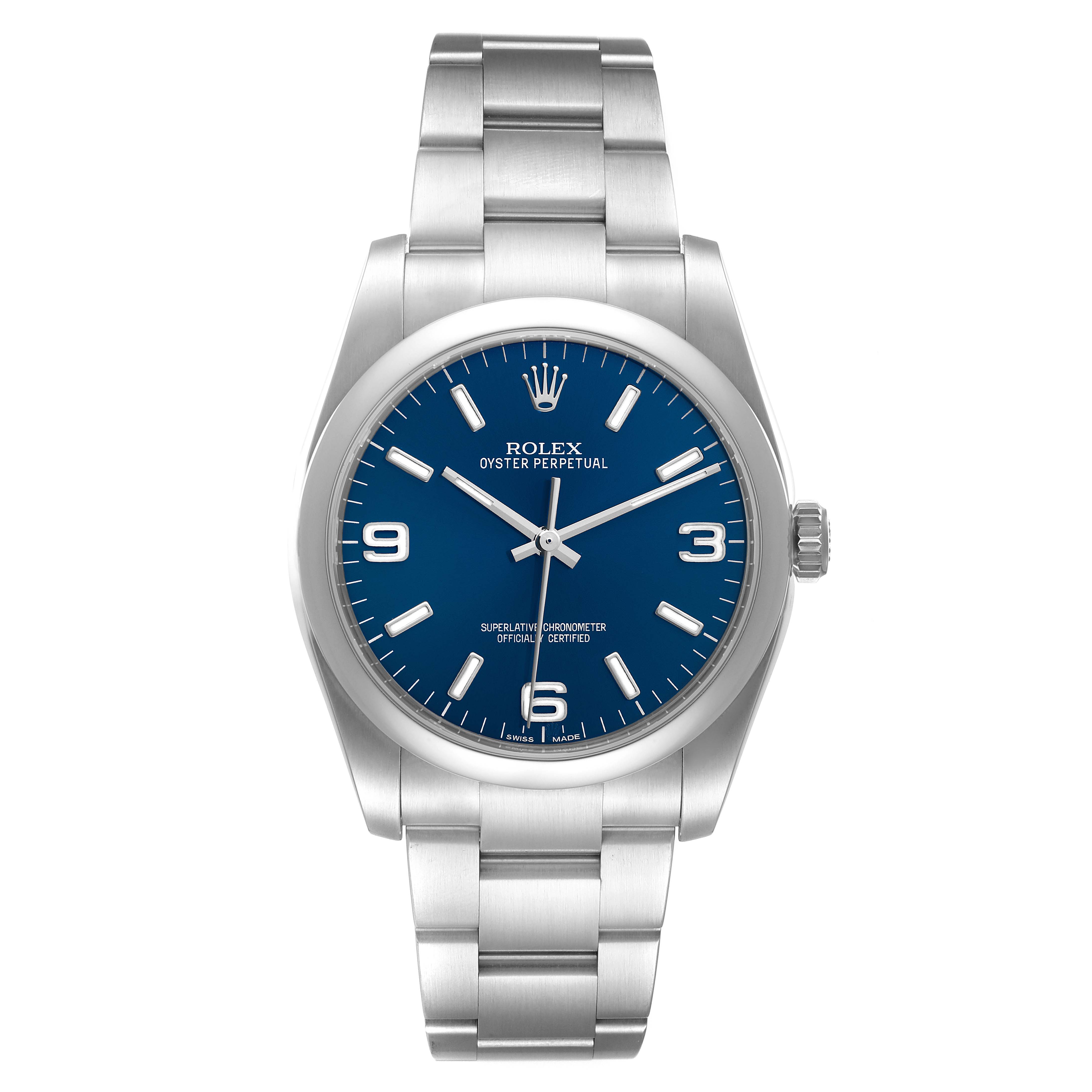 The image shows a Rolex Oyster Perpetual 116000 Men's Stainless Steel Blue Dial 116000 Men's Stainless Steel Blue Dial watch from a frontal angle, highlighting its blue dial, stainless steel case, and bracelet.