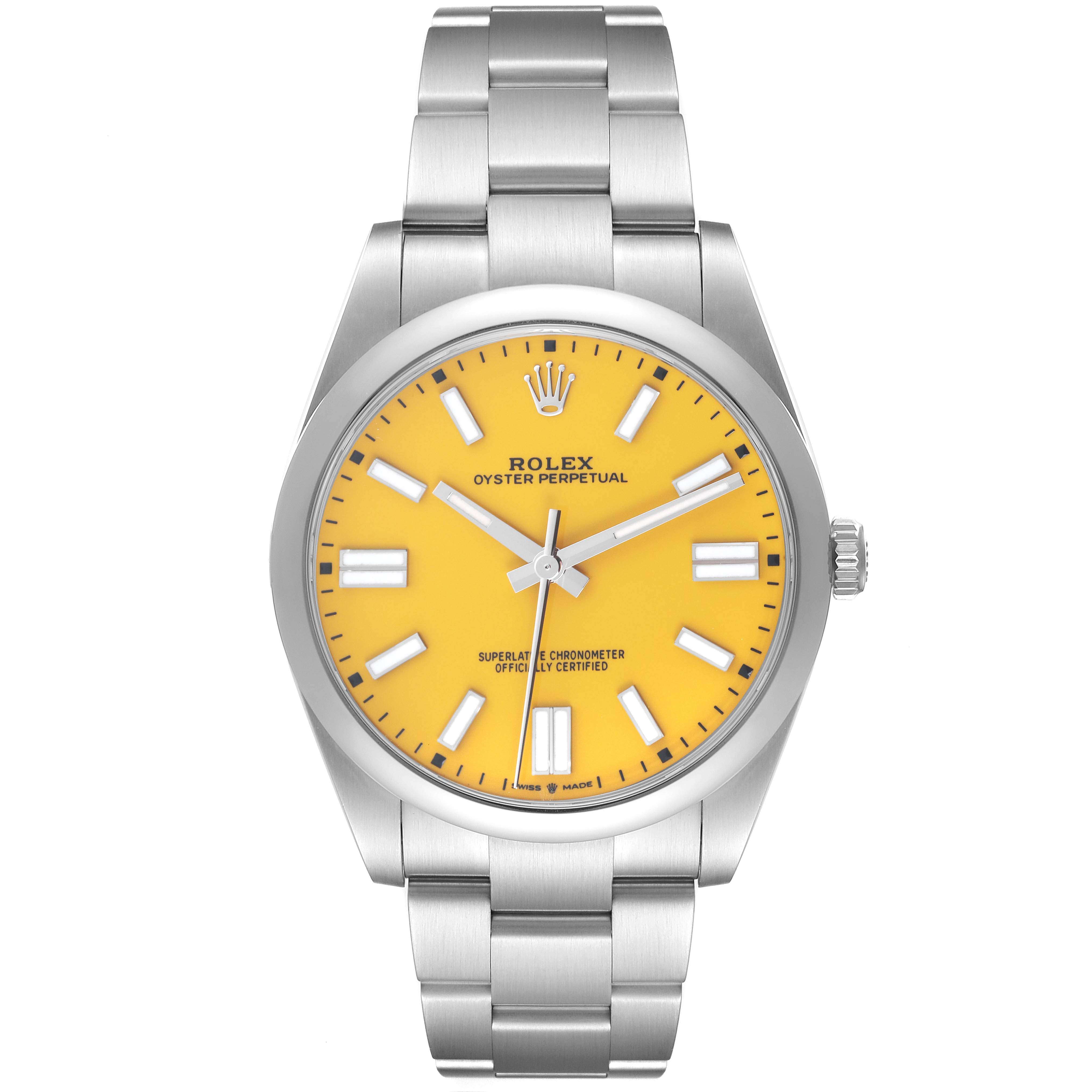 This image shows a front view of the Rolex Oyster Perpetual 124300 Men's Stainless Steel Yellow Dial 124300 Men's Stainless Steel Yellow Dial with a yellow dial and silver bracelet.