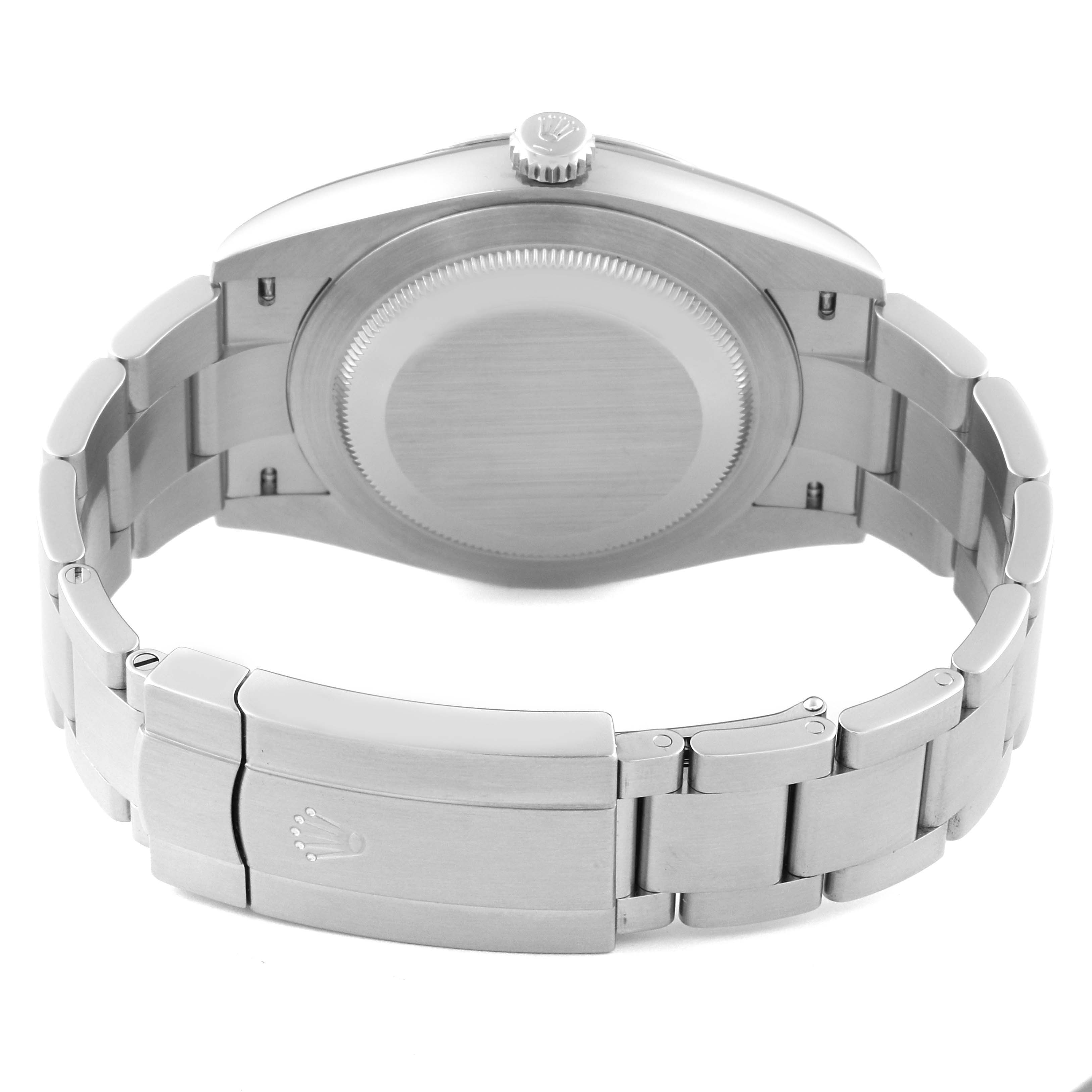 This image shows the back view of a Rolex Oyster Perpetual 124300 Men's Stainless Steel Yellow Dial 124300 Men's Stainless Steel Yellow Dial watch, highlighting the case back and metallic bracelet.