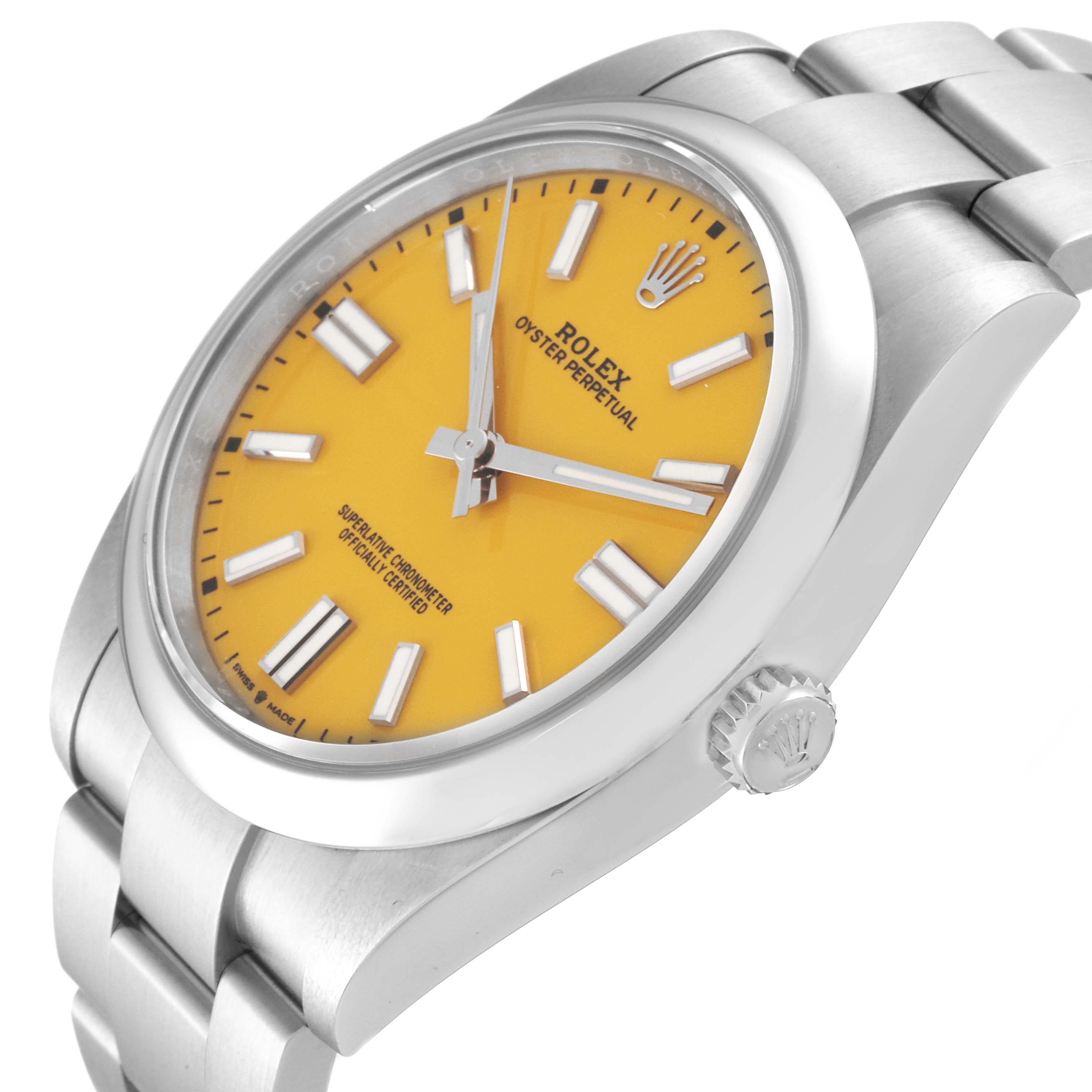 The image shows a side angle of the Rolex Oyster Perpetual 124300 Men's Stainless Steel Yellow Dial 124300 Men's Stainless Steel Yellow Dial watch, highlighting the yellow dial, crown, and part of the bracelet.