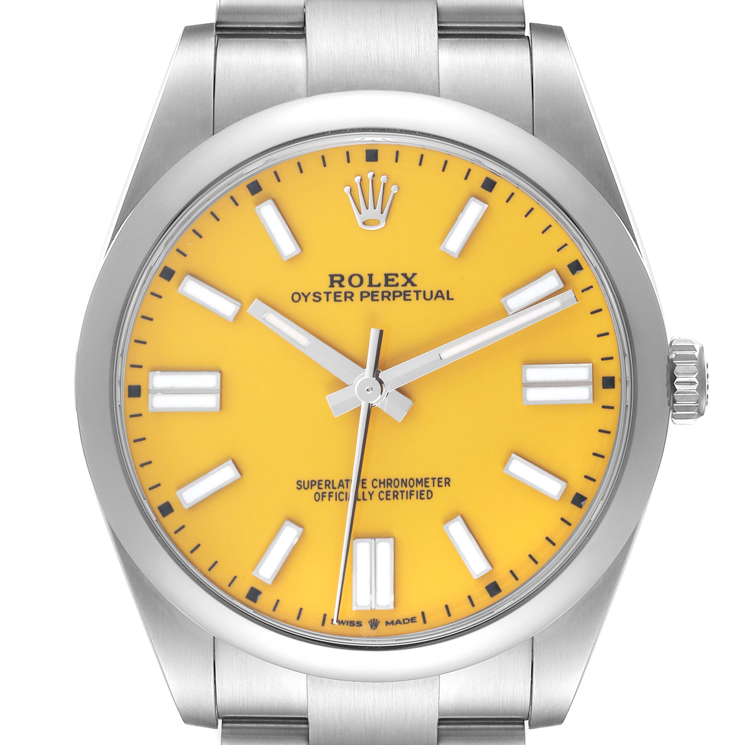 The image shows a front view of the Rolex Oyster Perpetual 124300 Men's Stainless Steel Yellow Dial 124300 Men's Stainless Steel Yellow Dial watch featuring a yellow dial with silver indices and a stainless steel bracelet.