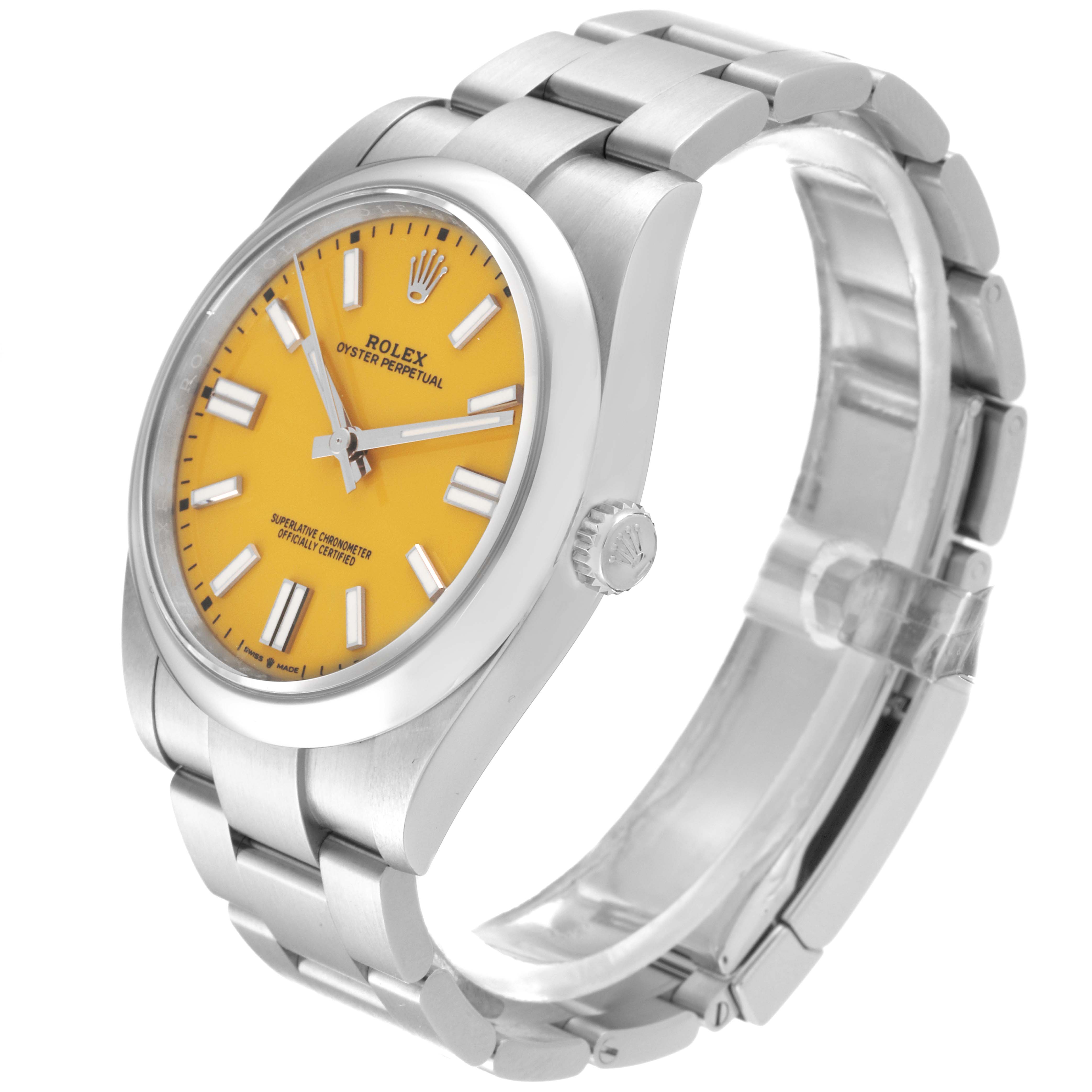 The Rolex Oyster Perpetual 124300 Men's Stainless Steel Yellow Dial 124300 Men's Stainless Steel Yellow Dial watch is shown from an angled side view, highlighting its yellow dial, case, crown, and bracelet.