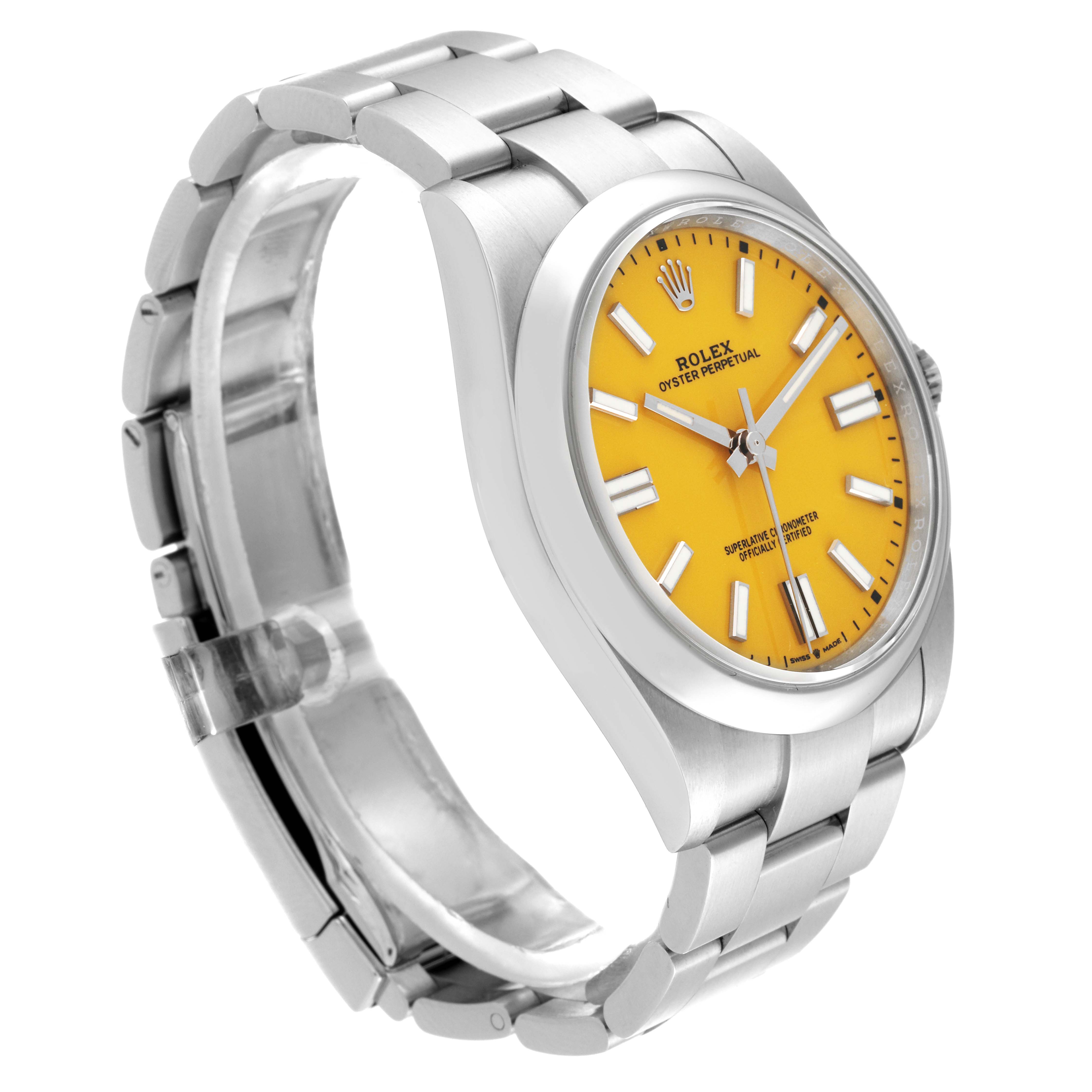 This is a Rolex Oyster Perpetual 124300 Men's Stainless Steel Yellow Dial 124300 Men's Stainless Steel Yellow Dial watch shown at a side angle, displaying the yellow dial, case, bezel, and bracelet.