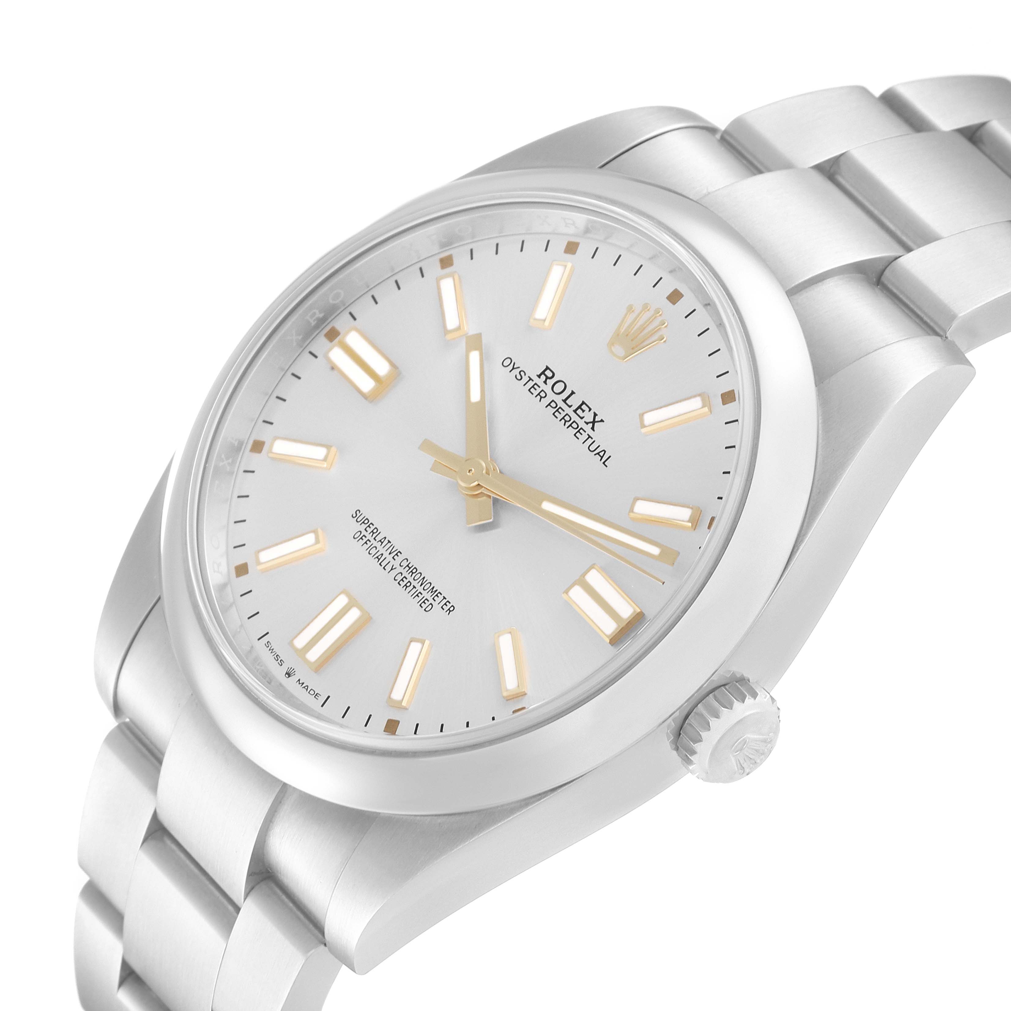 The Rolex Oyster Perpetual 124300 Men's Stainless Steel Silver Dial 124300 Men's Stainless Steel Silver Dial watch is shown from a slight angle, showcasing its face, bracelet, and crown.