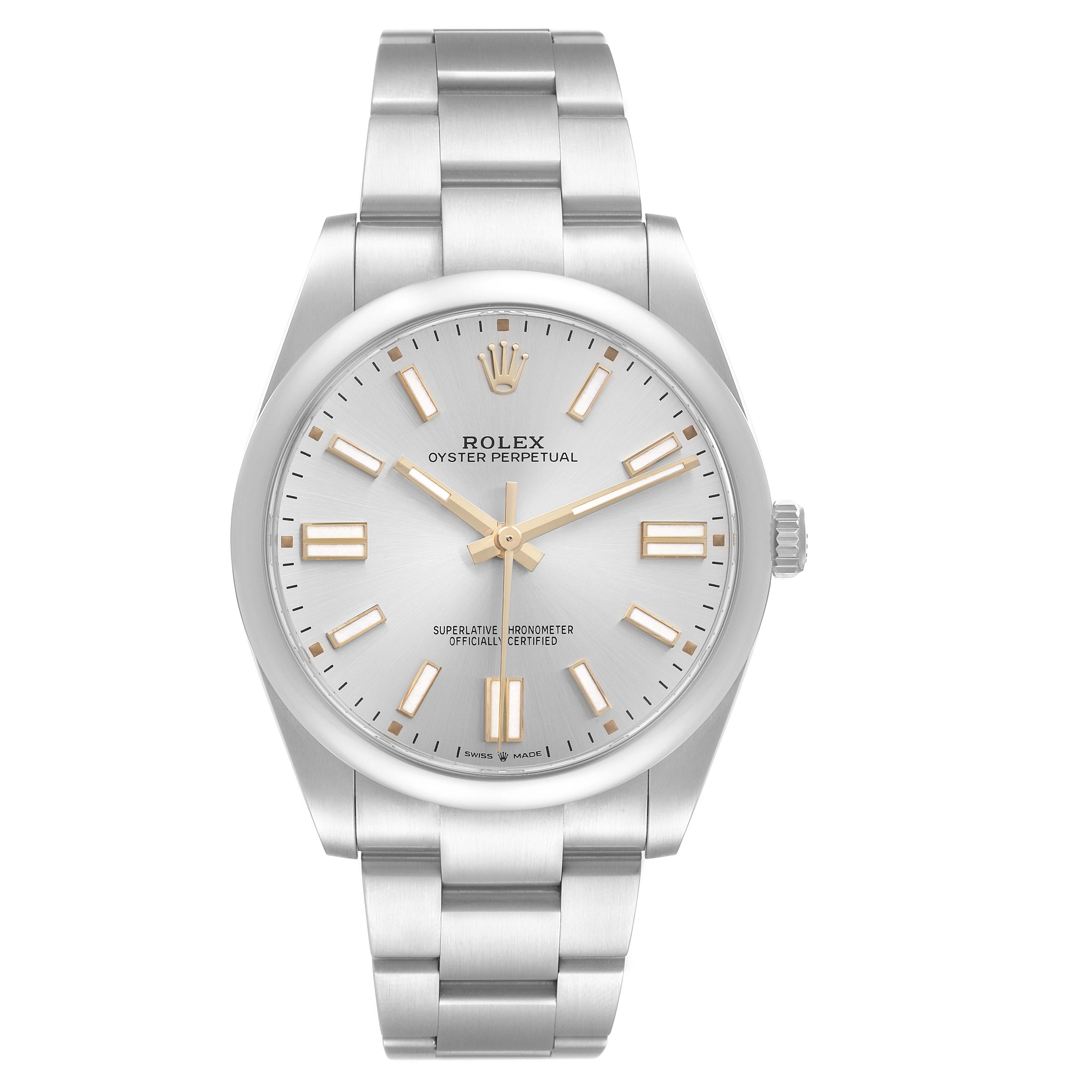 The image shows a front view of a Rolex Oyster Perpetual 124300 Men's Stainless Steel Silver Dial 124300 Men's Stainless Steel Silver Dial watch, highlighting the dial, bracelet, and crown.