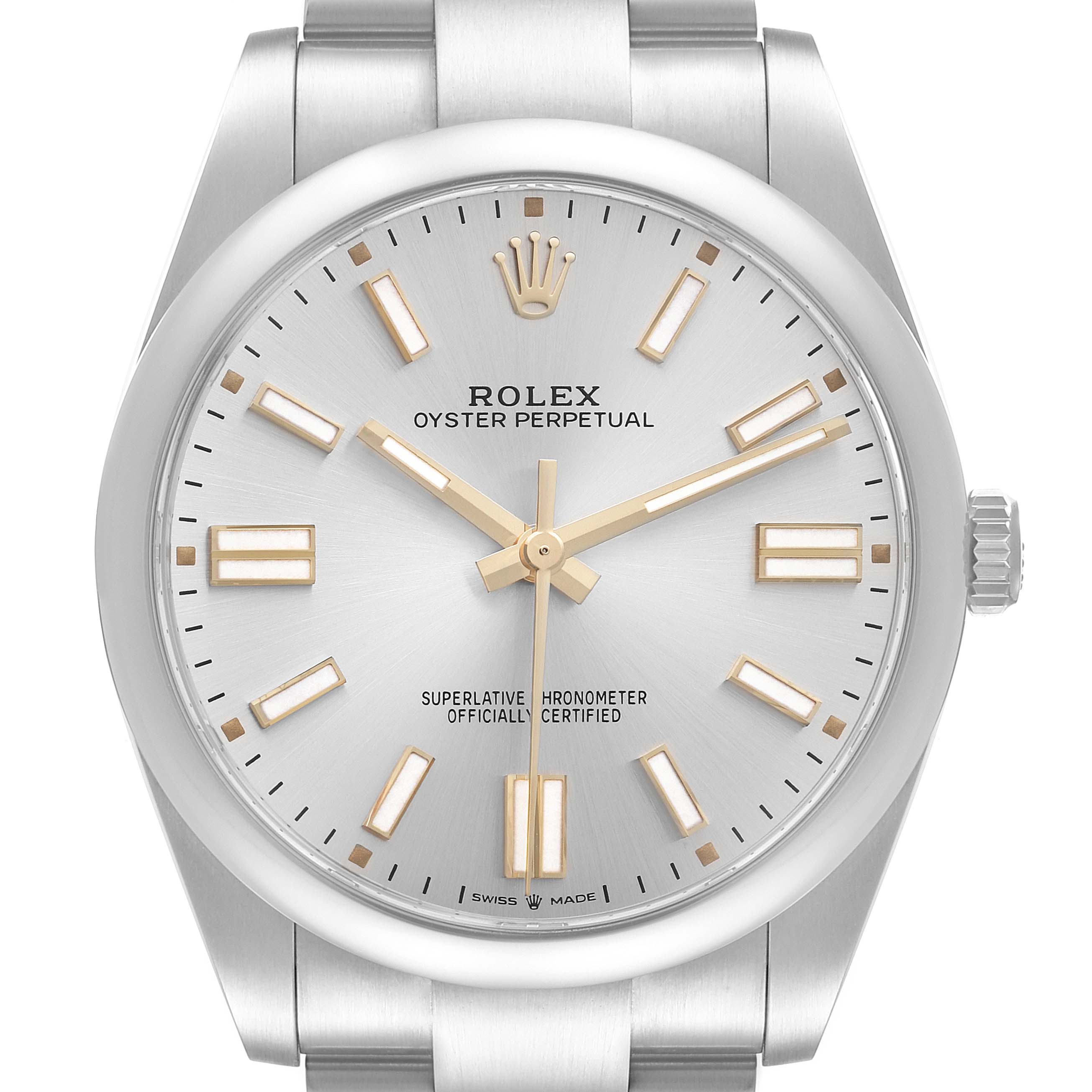 The image shows the front view of a Rolex Oyster Perpetual 124300 Men's Stainless Steel Silver Dial 124300 Men's Stainless Steel Silver Dial watch, highlighting the dial, markers, hands, and crown.