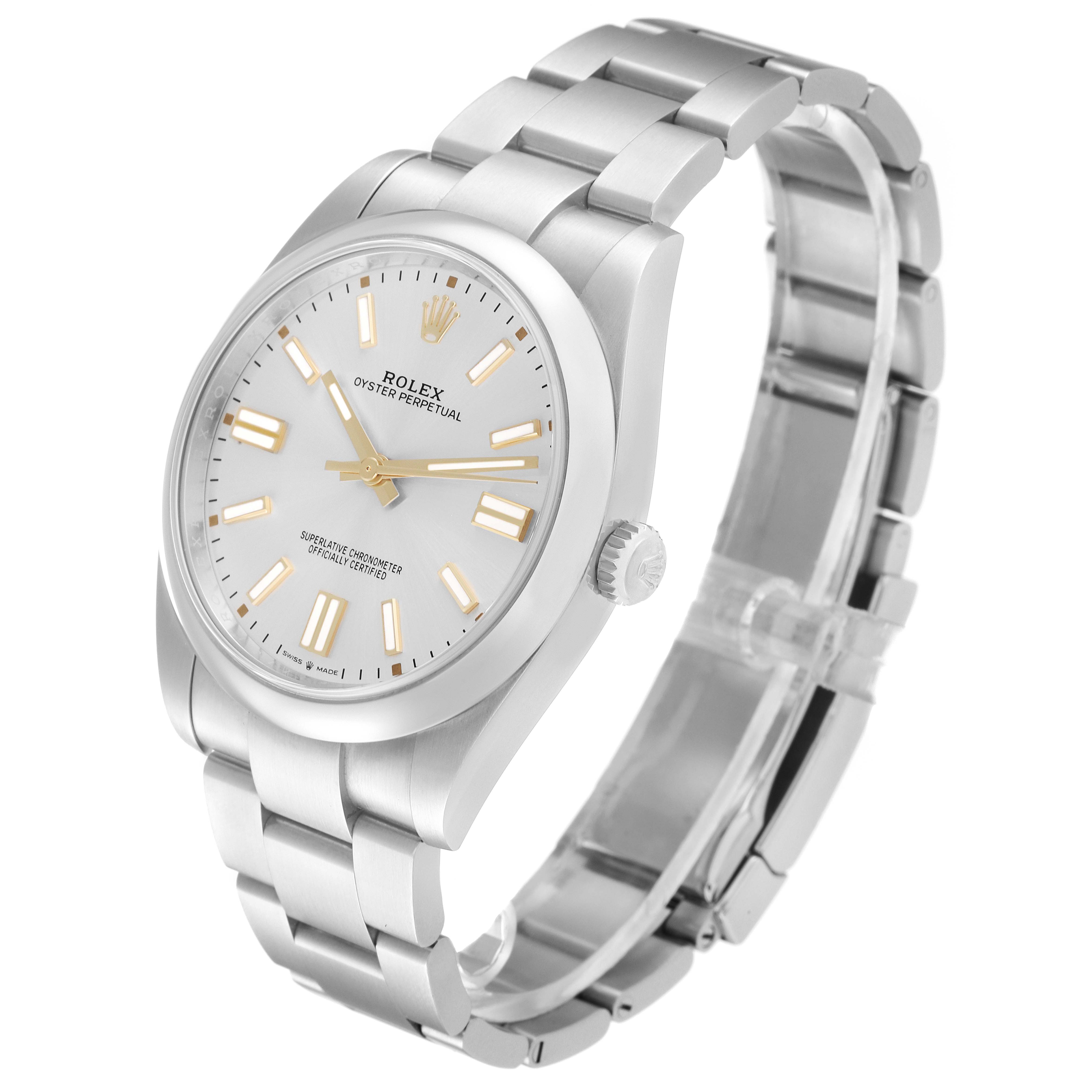 The image shows a Rolex Oyster Perpetual 124300 Men's Stainless Steel Silver Dial 124300 Men's Stainless Steel Silver Dial watch at a three-quarter angle, displaying the dial, case, crown, and bracelet.