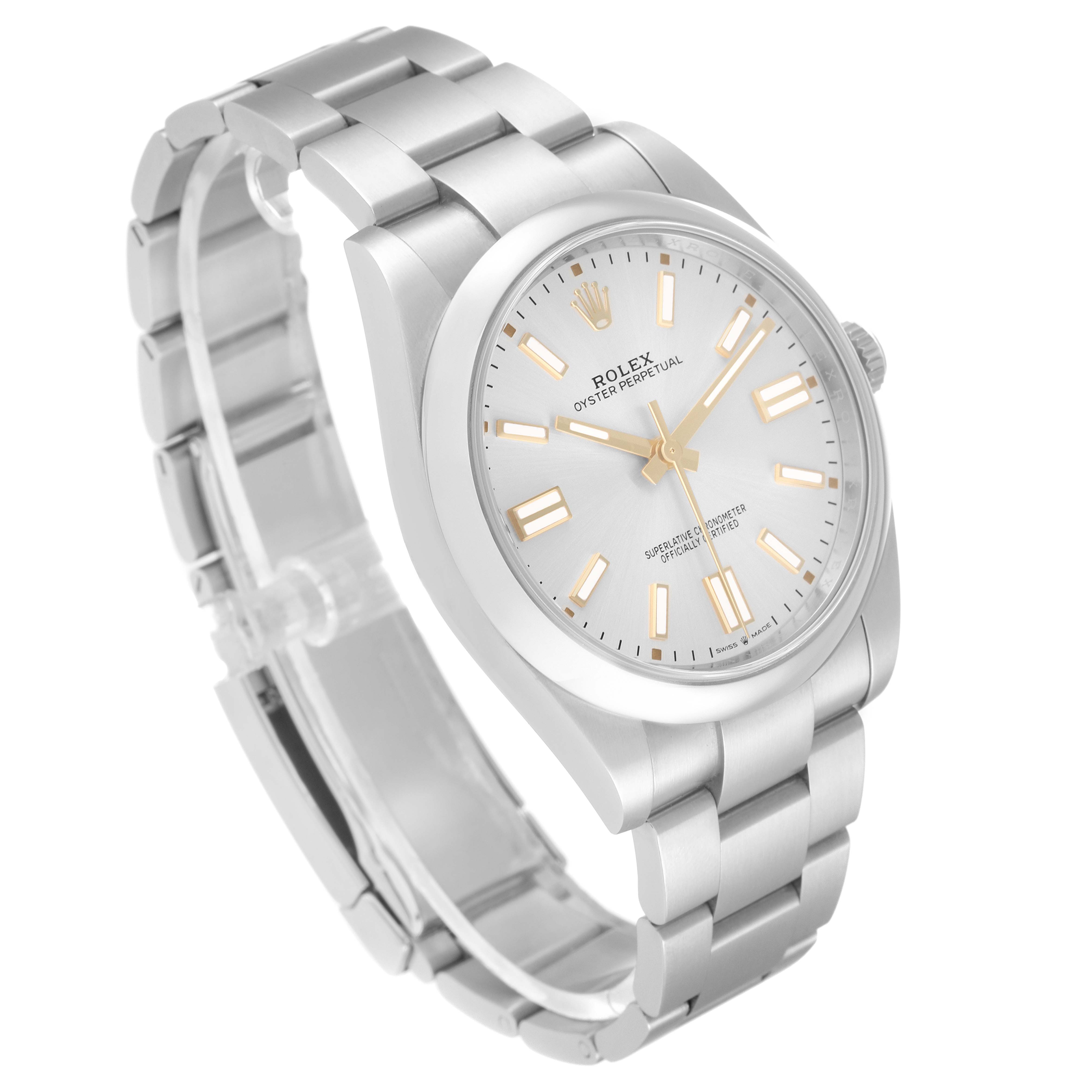 The Rolex Oyster Perpetual 124300 Men's Stainless Steel Silver Dial 124300 Men's Stainless Steel Silver Dial watch is shown from a tilted angle, displaying its face, bracelet, and clasp.