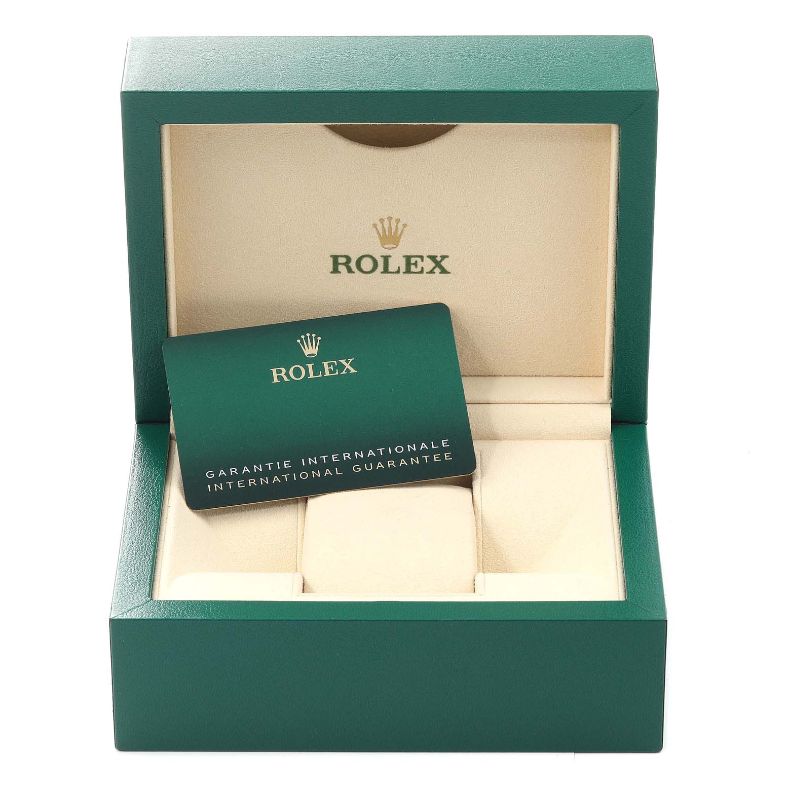 The image shows an open Rolex Oyster Perpetual 124300 Men's Stainless Steel Silver Dial 124300 Men's Stainless Steel Silver Dial watch box with an international guarantee card inside.