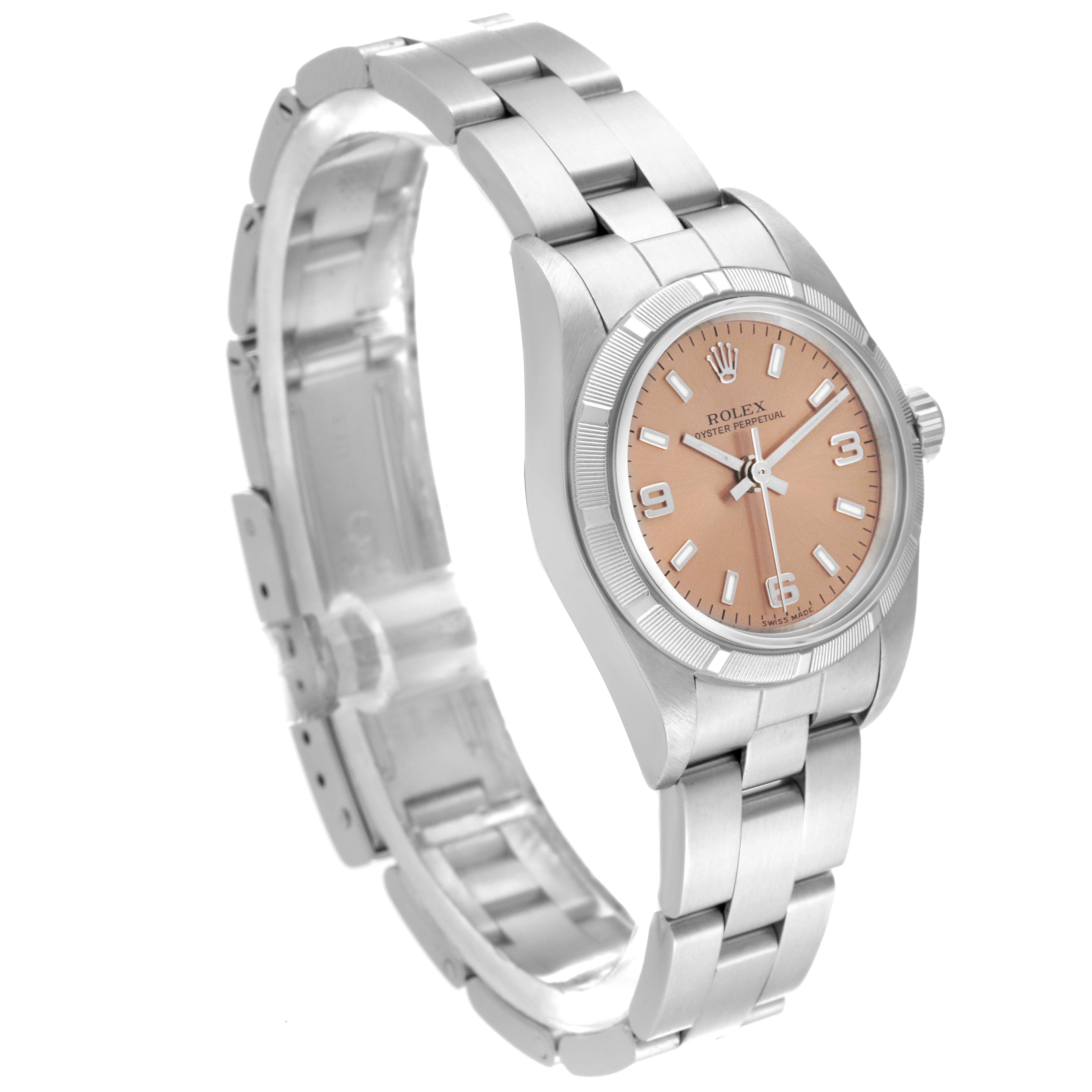 This image shows a side angle of a Rolex Oyster Perpetual 76030 Women's Stainless Steel Pink Dial 76030 Women's Stainless Steel Pink Dial watch, featuring the face, bracelet, and clasp.