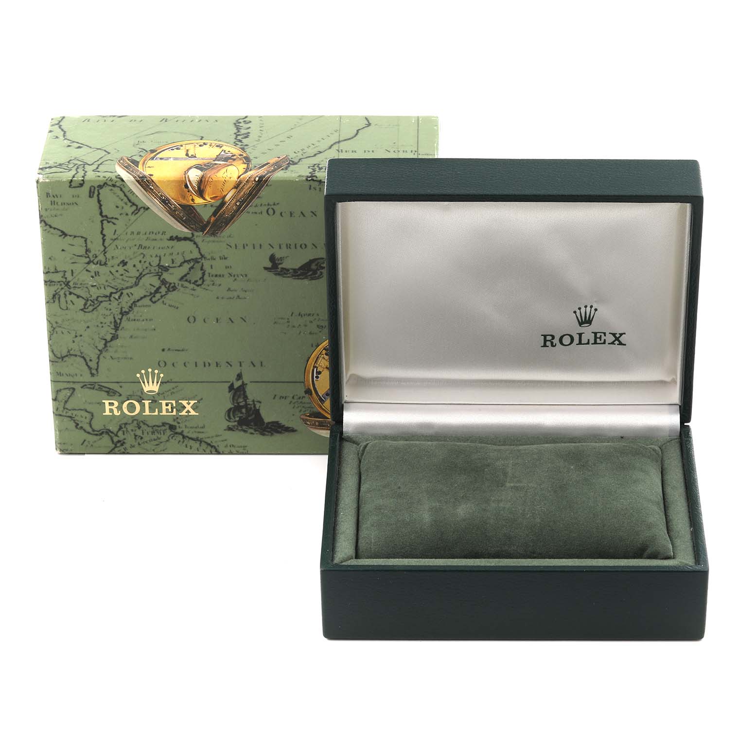 The image shows a Rolex Oyster Perpetual 76030 Women's Stainless Steel Pink Dial 76030 Women's Stainless Steel Pink Dial watch box and case from a front angle, with no watch visible.