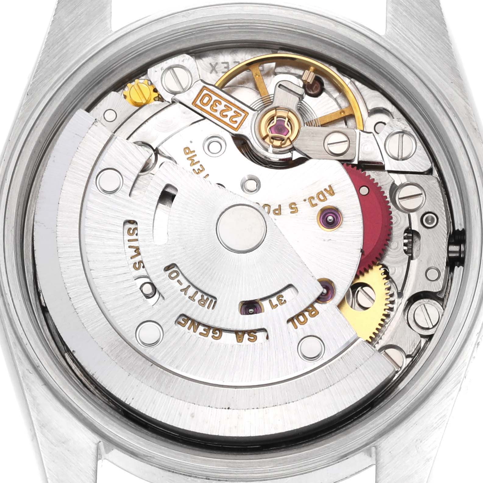 The image shows the intricate internal mechanical movement of a Rolex Oyster Perpetual 76030 Women's Stainless Steel Pink Dial 76030 Women's Stainless Steel Pink Dial watch from a rear perspective.