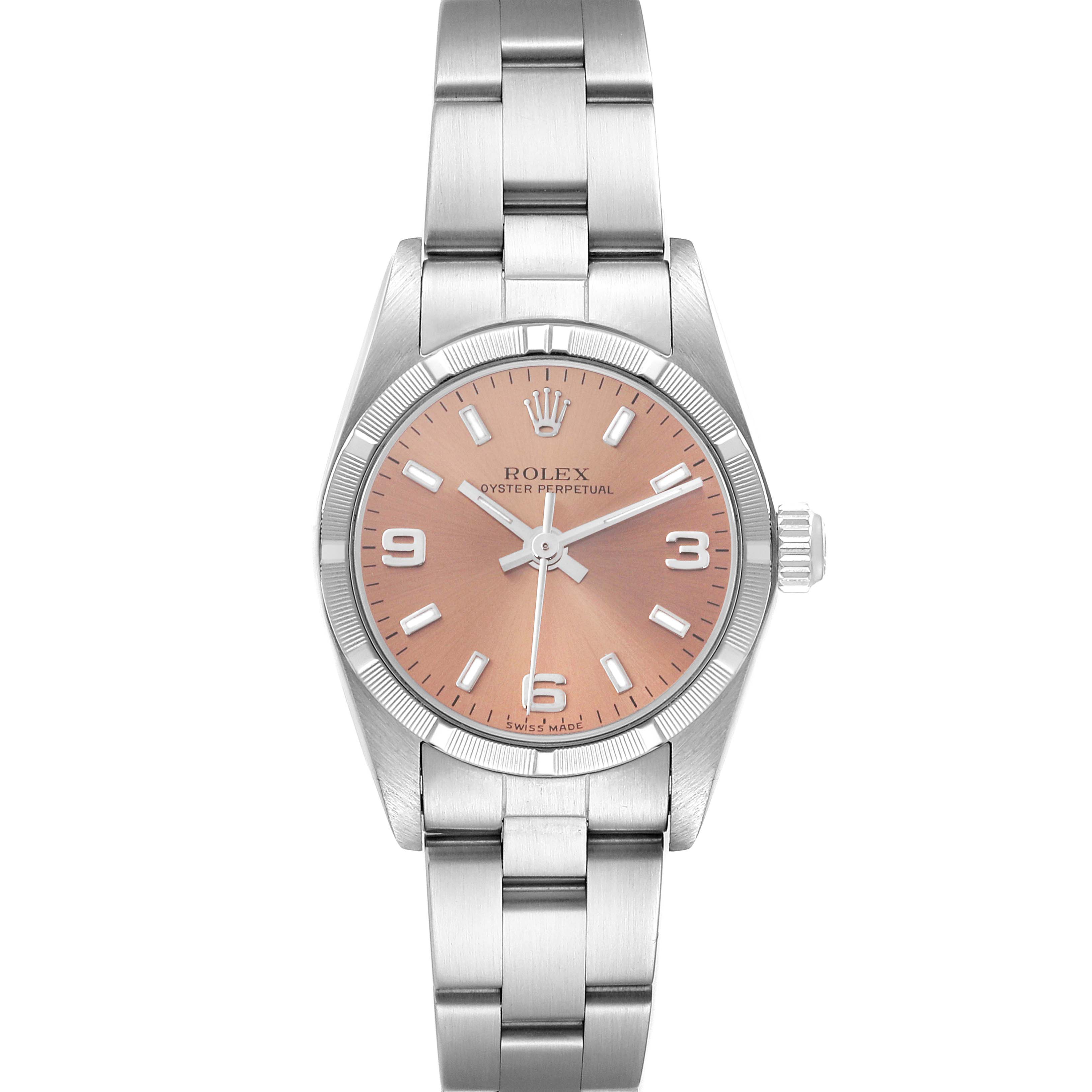 The image shows a front view of a Rolex Oyster Perpetual 76030 Women's Stainless Steel Pink Dial 76030 Women's Stainless Steel Pink Dial watch, displaying its dial, case, and bracelet.