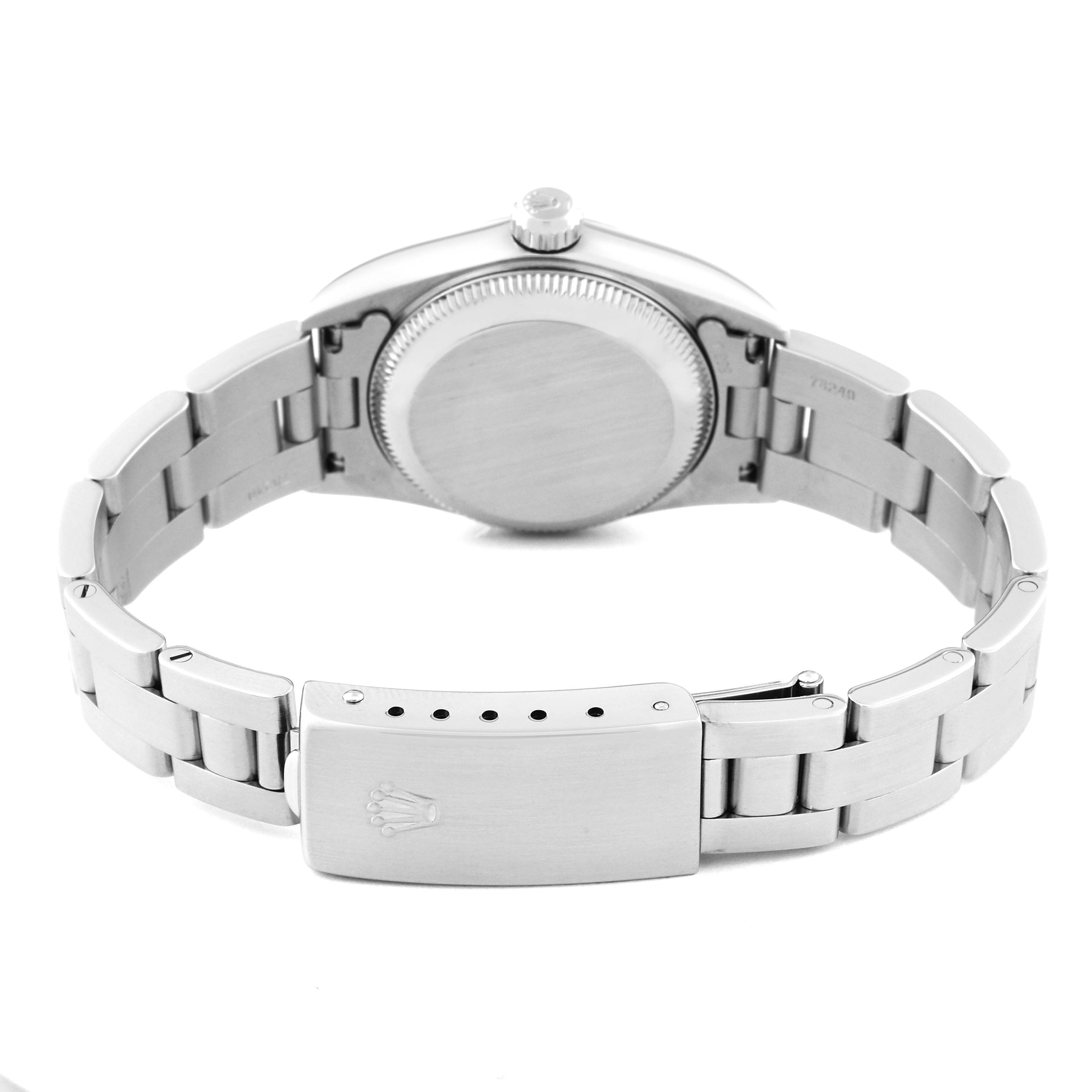 This image shows the back view of a Rolex Oyster Perpetual 76030 Women's Stainless Steel Pink Dial 76030 Women's Stainless Steel Pink Dial watch, including its case back and bracelet clasp.