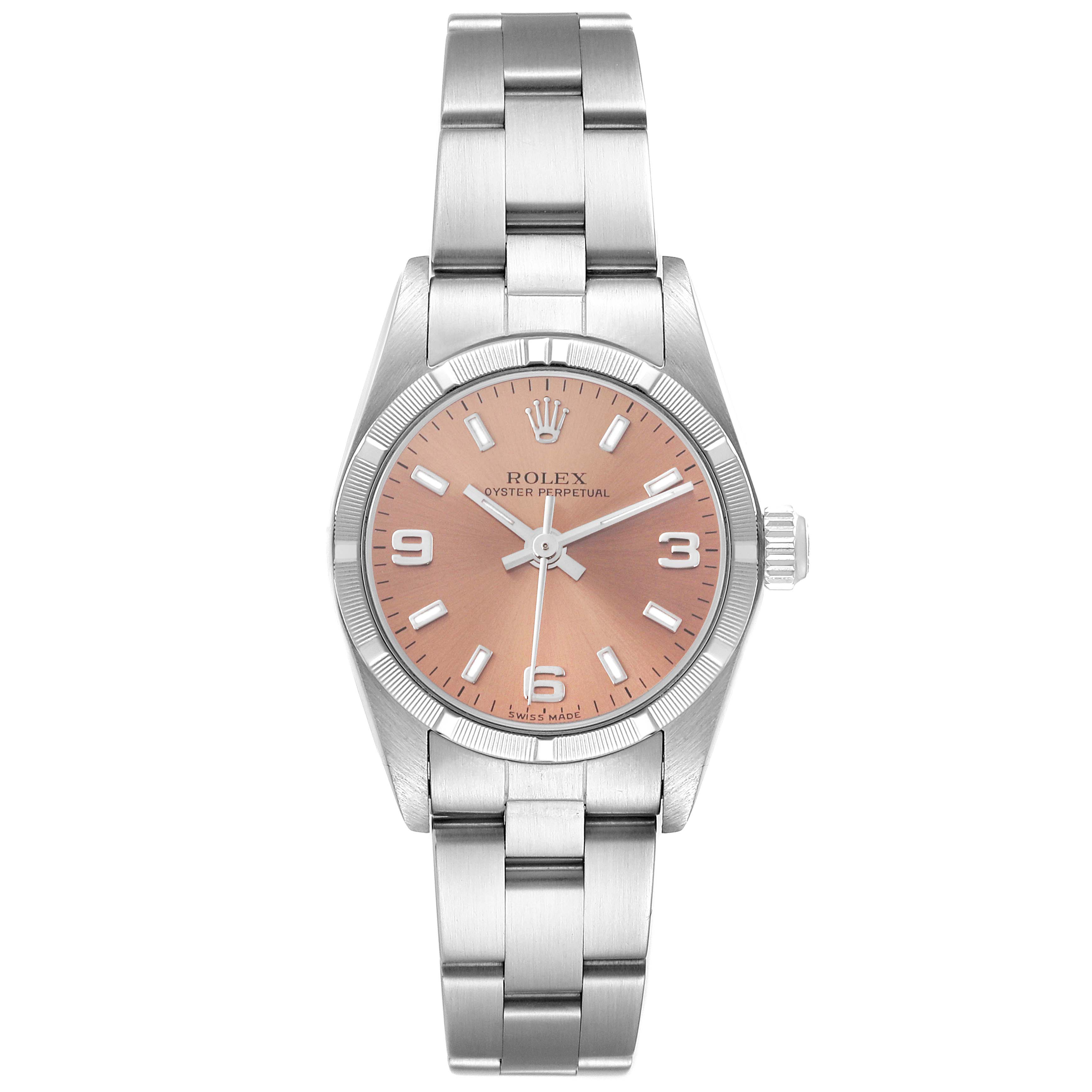 This image shows a frontal view of a Rolex Oyster Perpetual 76030 Women's Stainless Steel Pink Dial 76030 Women's Stainless Steel Pink Dial watch, highlighting its dial, case, bezel, and bracelet.