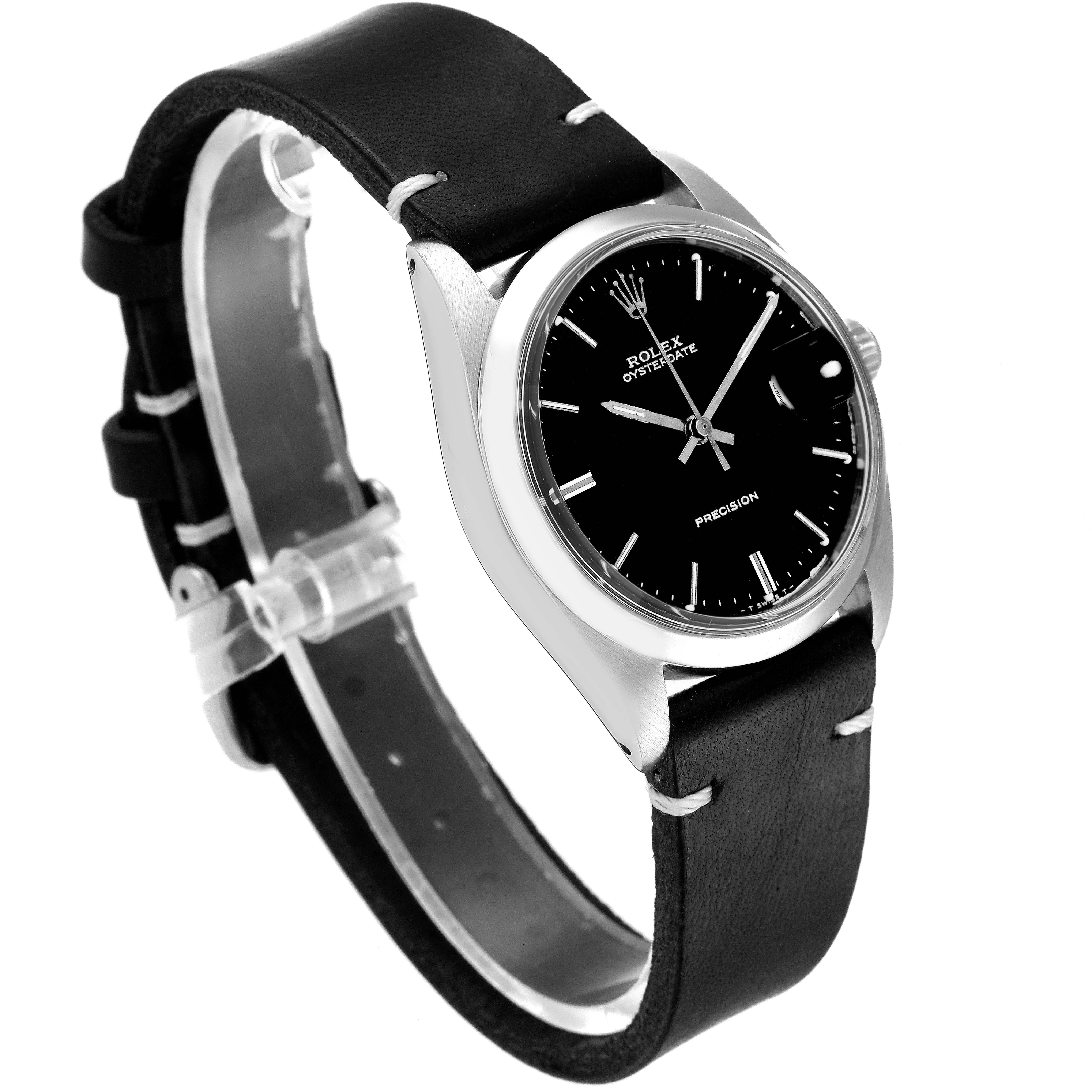 The Rolex Vintage Collection 6694 Men's Stainless Steel Black Dial 6694 Men's Stainless Steel Black Dial watch is shown at a slight angle, highlighting the face, bezel, and leather strap.