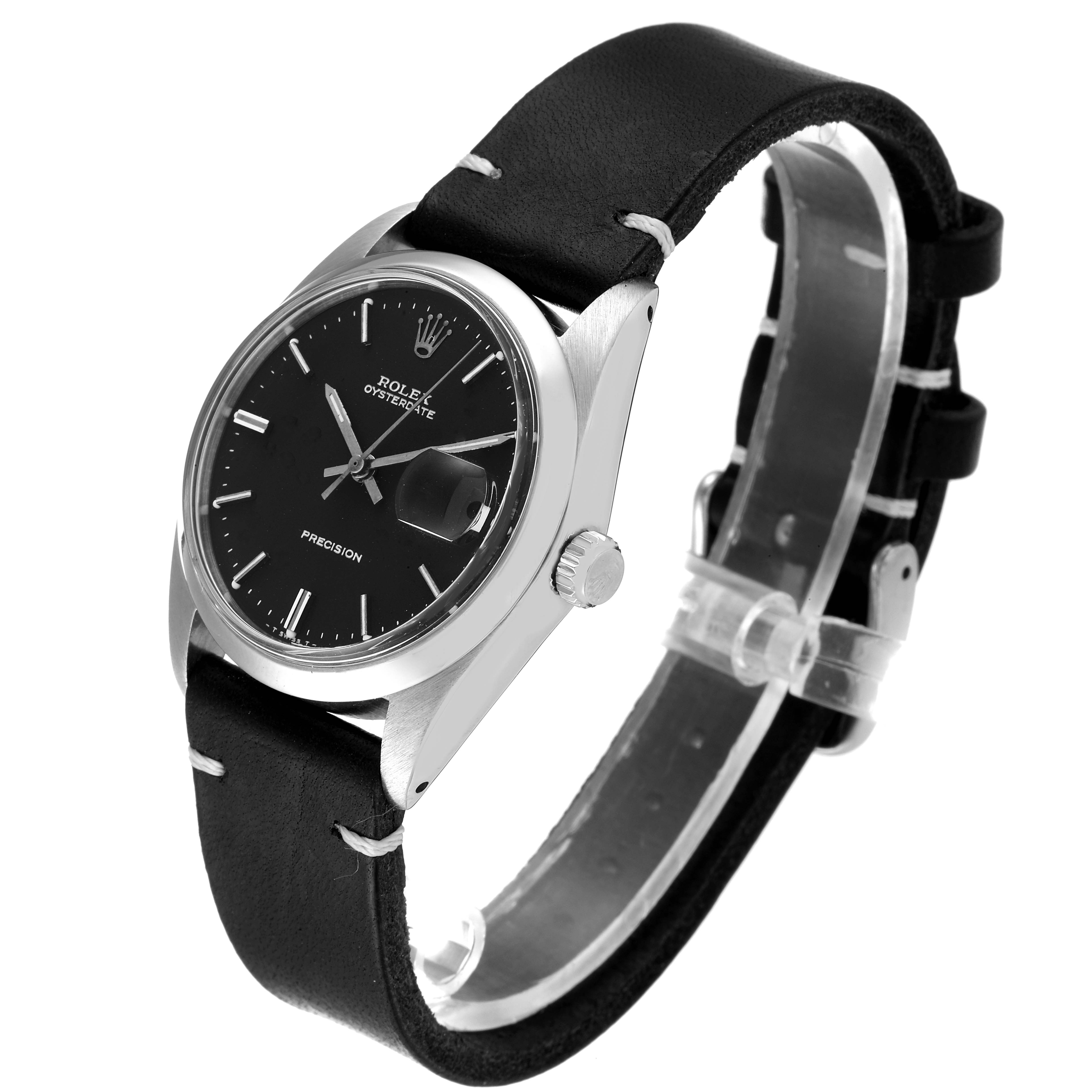 The Rolex Vintage Collection 6694 Men's Stainless Steel Black Dial 6694 Men's Stainless Steel Black Dial watch is shown at a three-quarter angle, displaying the face, crown, and leather strap.