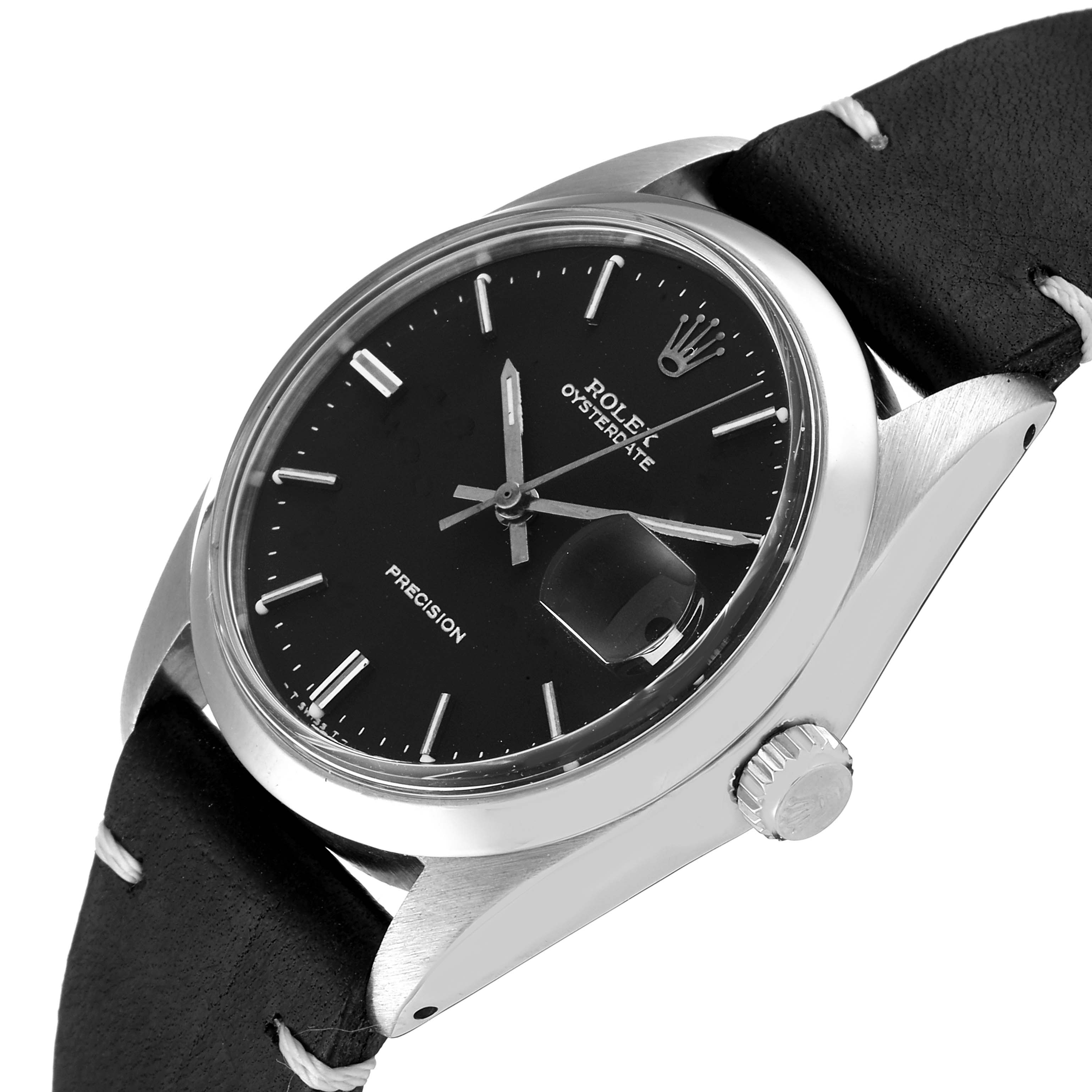 The image shows a Rolex Vintage Collection 6694 Men's Stainless Steel Black Dial 6694 Men's Stainless Steel Black Dial watch angled to display the face, crown, and part of the black leather strap.