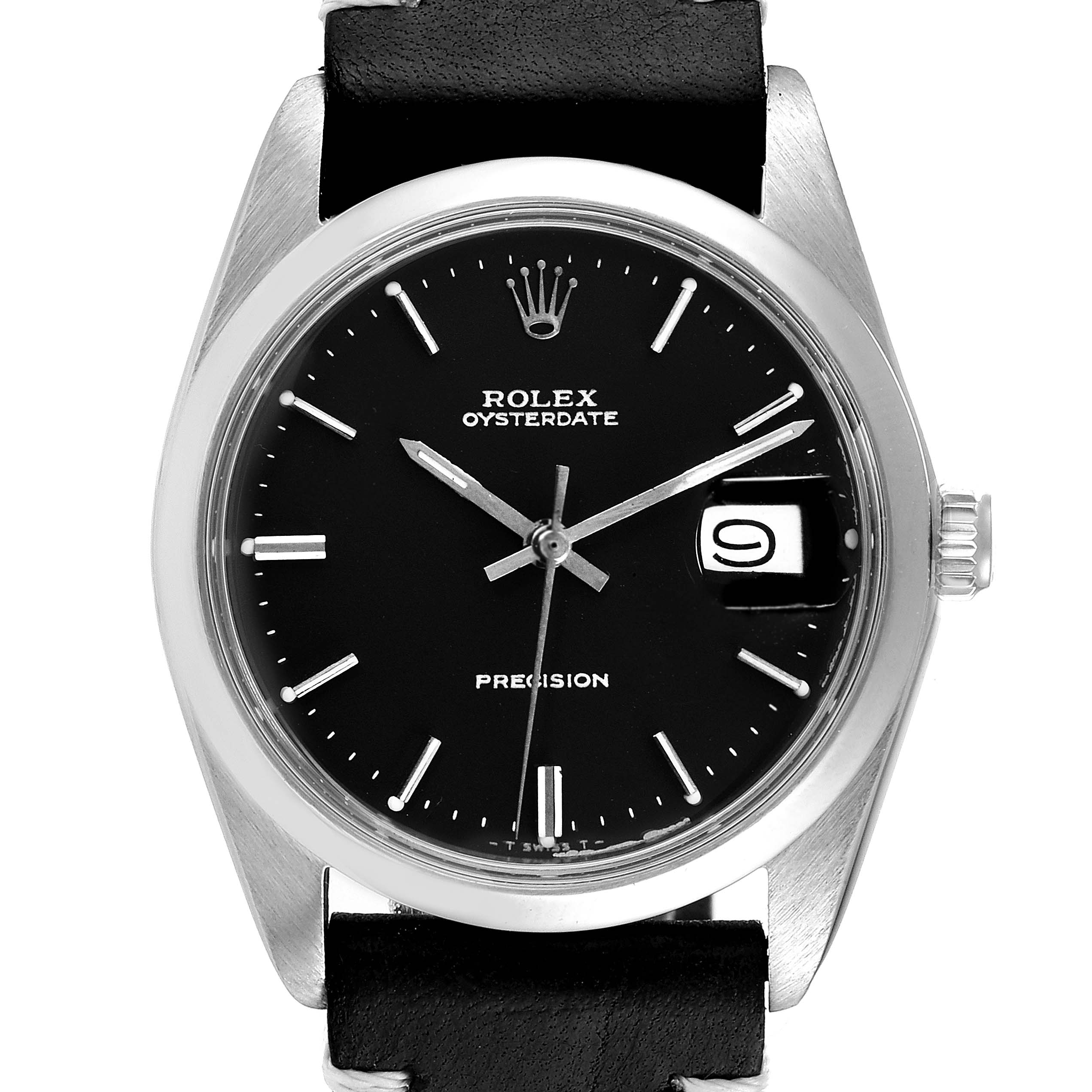 The image shows a front view of the Rolex Vintage Collection 6694 Men's Stainless Steel Black Dial 6694 Men's Stainless Steel Black Dial Oysterdate watch with a black dial, silver hour markers, and a date window.