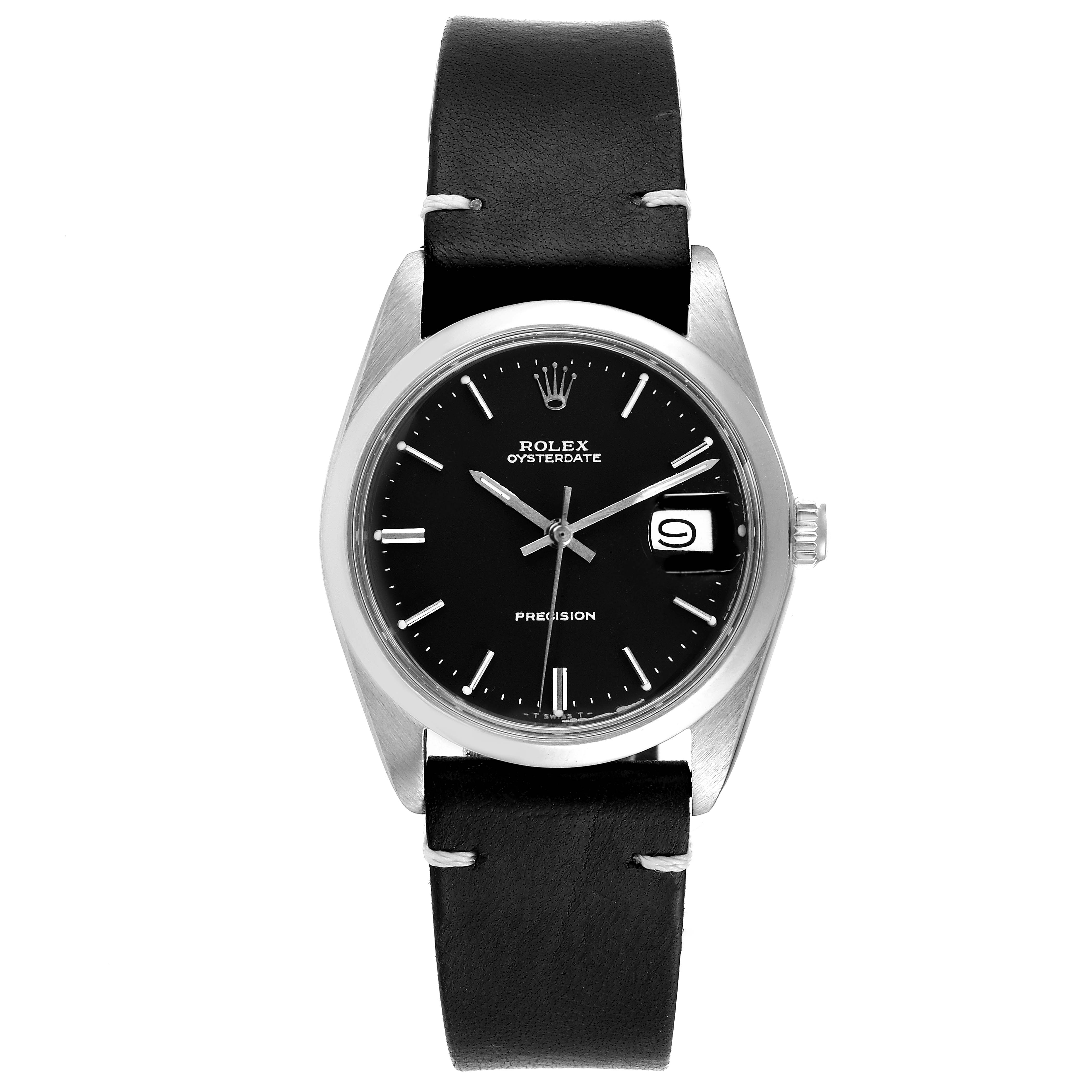 The Rolex Vintage Collection 6694 Men's Stainless Steel Black Dial 6694 Men's Stainless Steel Black Dial model is shown in a front view, displaying the black dial, leather strap, and date window.