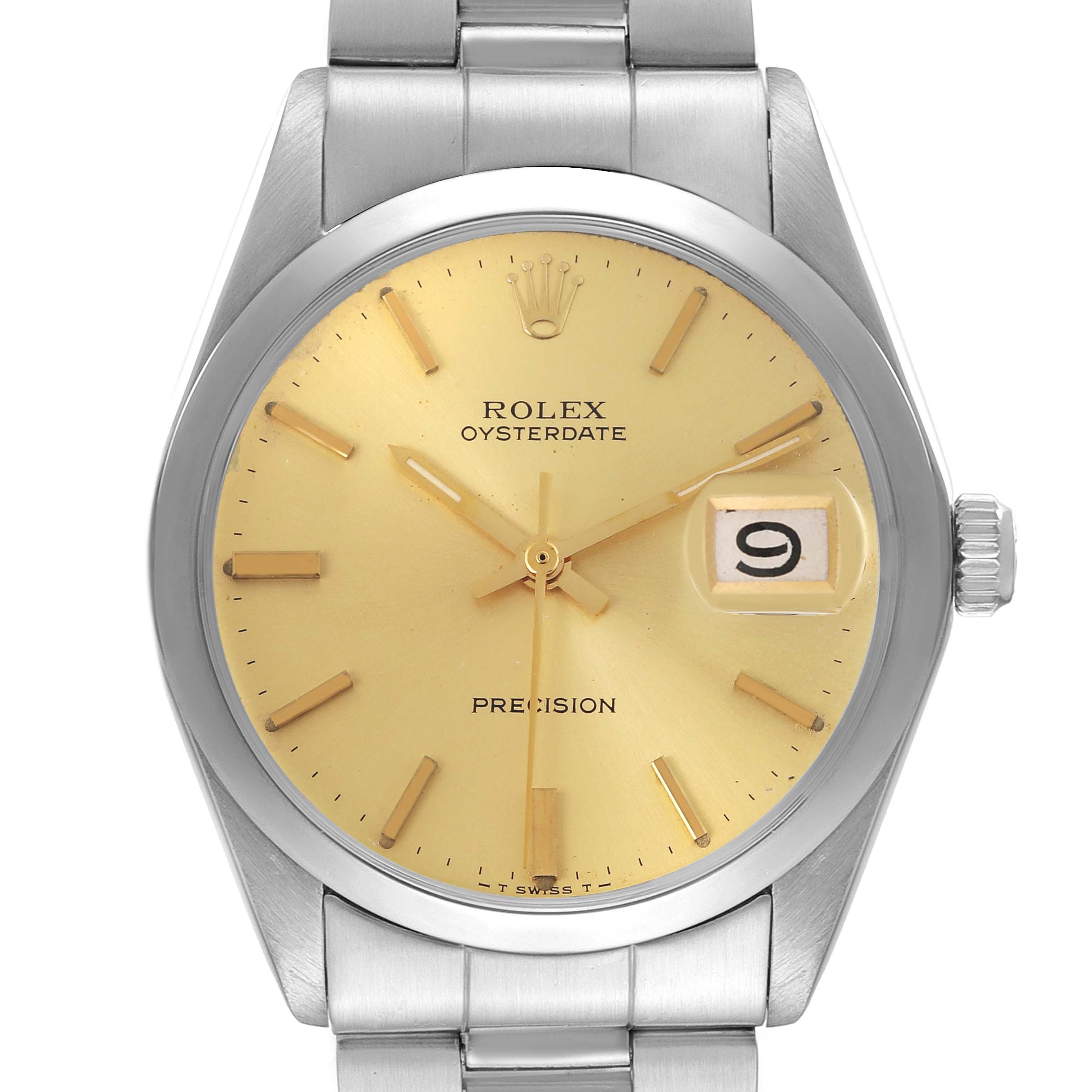 This image shows a front view of the Rolex Vintage Collection 6694 Men's Stainless Steel Champagne Dial 6694 Men's Stainless Steel Champagne Dial Oysterdate Precision watch, highlighting the dial, hands, and date window.