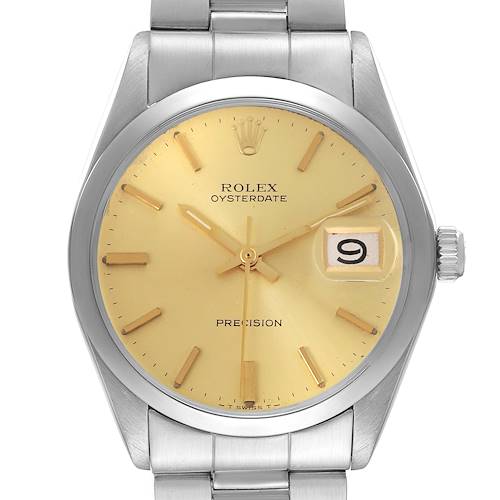 The image shows a frontal view of the Rolex Vintage Collection Oysterdate watch, highlighting its dial, hands, and date window.