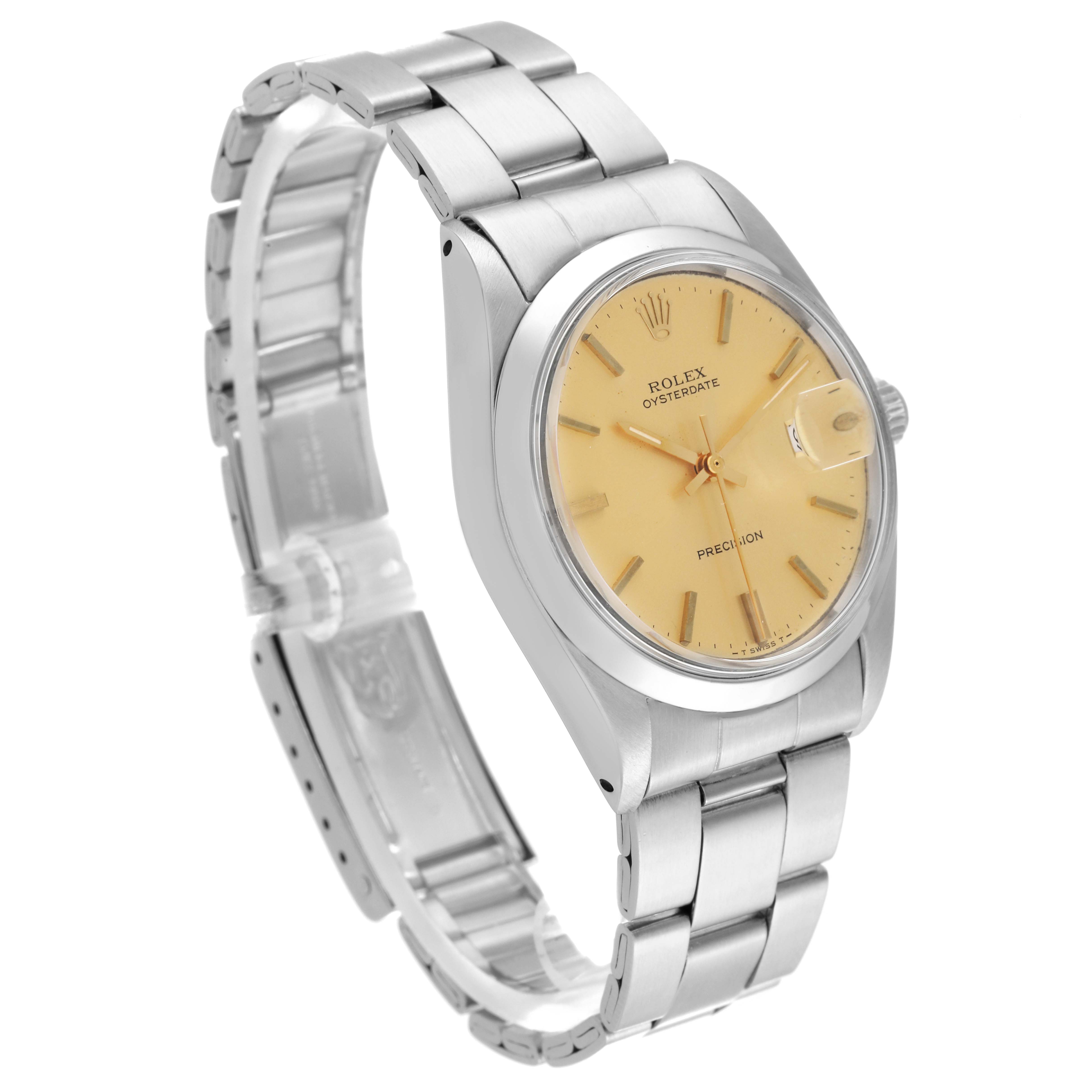 This image shows the Rolex Vintage Collection 6694 Men's Stainless Steel Champagne Dial 6694 Men's Stainless Steel Champagne Dial's side and angled view, displaying its bezel, dial, and link bracelet.