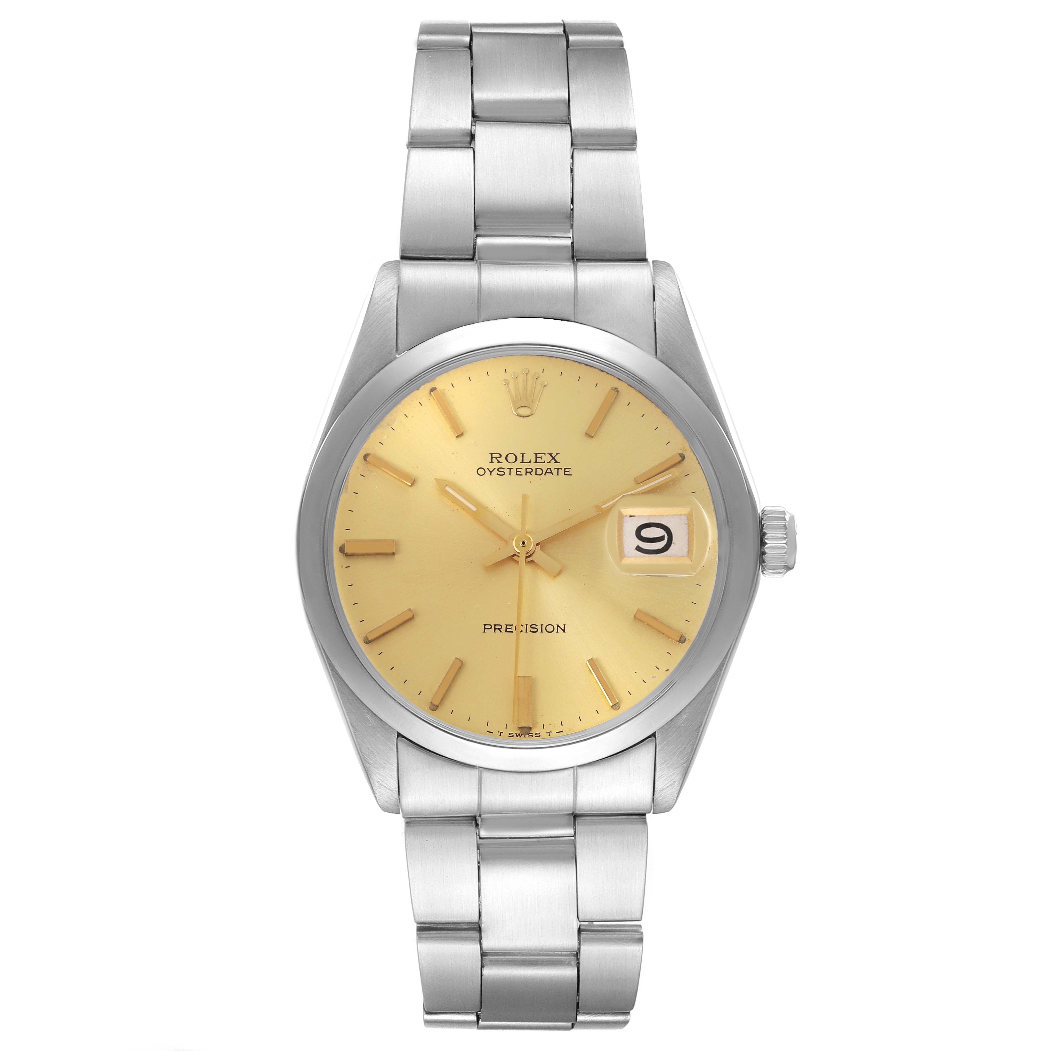 The Vintage Collection Rolex watch is shown from a front angle, highlighting its silver bracelet, gold dial, and date window.