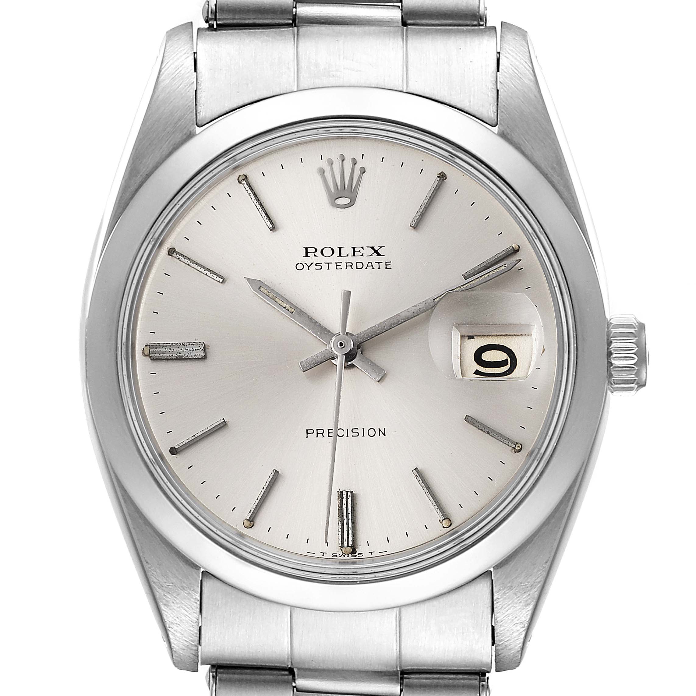 This image shows the front view of a Rolex Vintage Collection 6694 Men's Stainless Steel Silver Dial 6694 Men's Stainless Steel Silver Dial Oysterdate model watch, highlighting the dial, hands, date display, and crown.