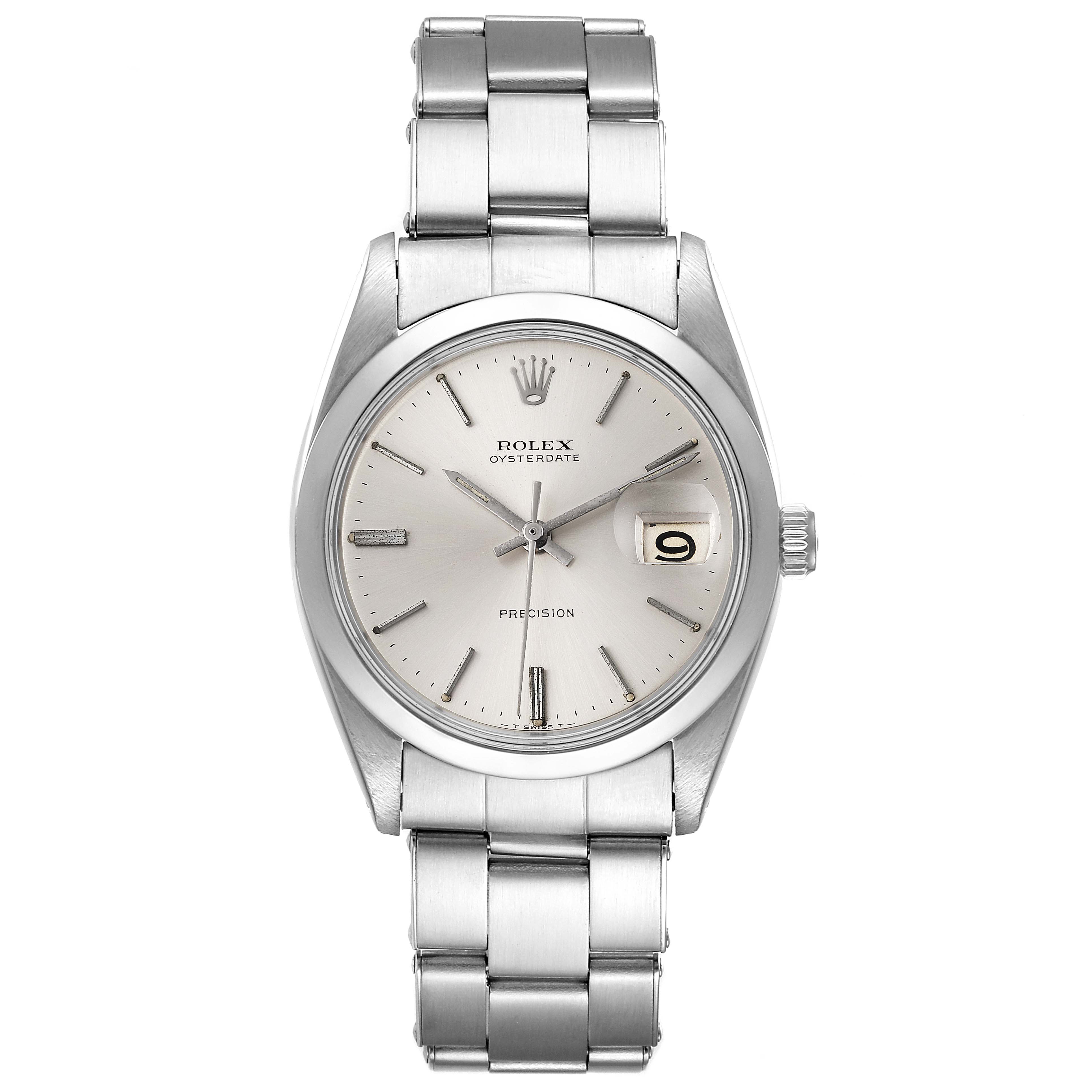 This image shows a front view of the Rolex Vintage Collection 6694 Men's Stainless Steel Silver Dial 6694 Men's Stainless Steel Silver Dial Oysterdate watch, featuring its face and stainless steel bracelet.