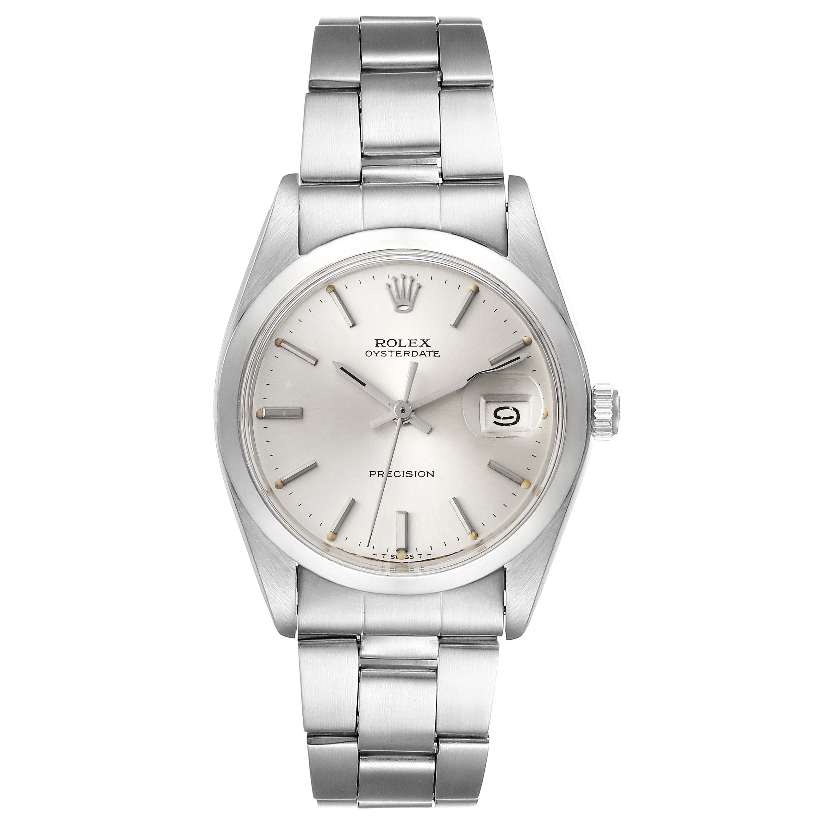A front view of the Rolex Vintage Collection 6694 Men's Stainless Steel Silver Dial 6694 Men's Stainless Steel Silver Dial model Oysterdate Precision watch, showcasing the dial and stainless steel bracelet.