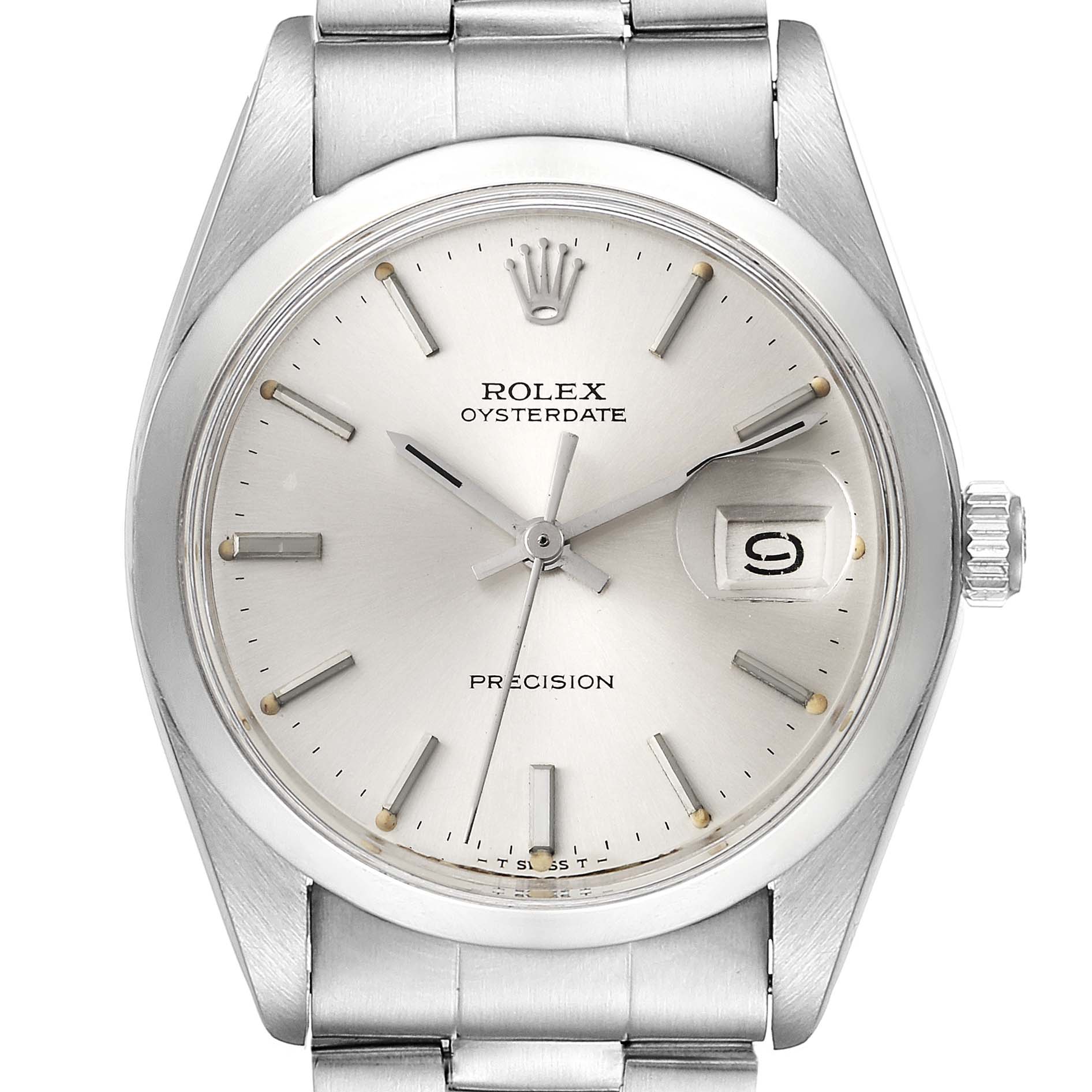 The image shows a front view of the Rolex Vintage Collection 6694 Men's Stainless Steel Silver Dial 6694 Men's Stainless Steel Silver Dial watch, highlighting the dial, hands, date window, crown, and part of the bracelet.