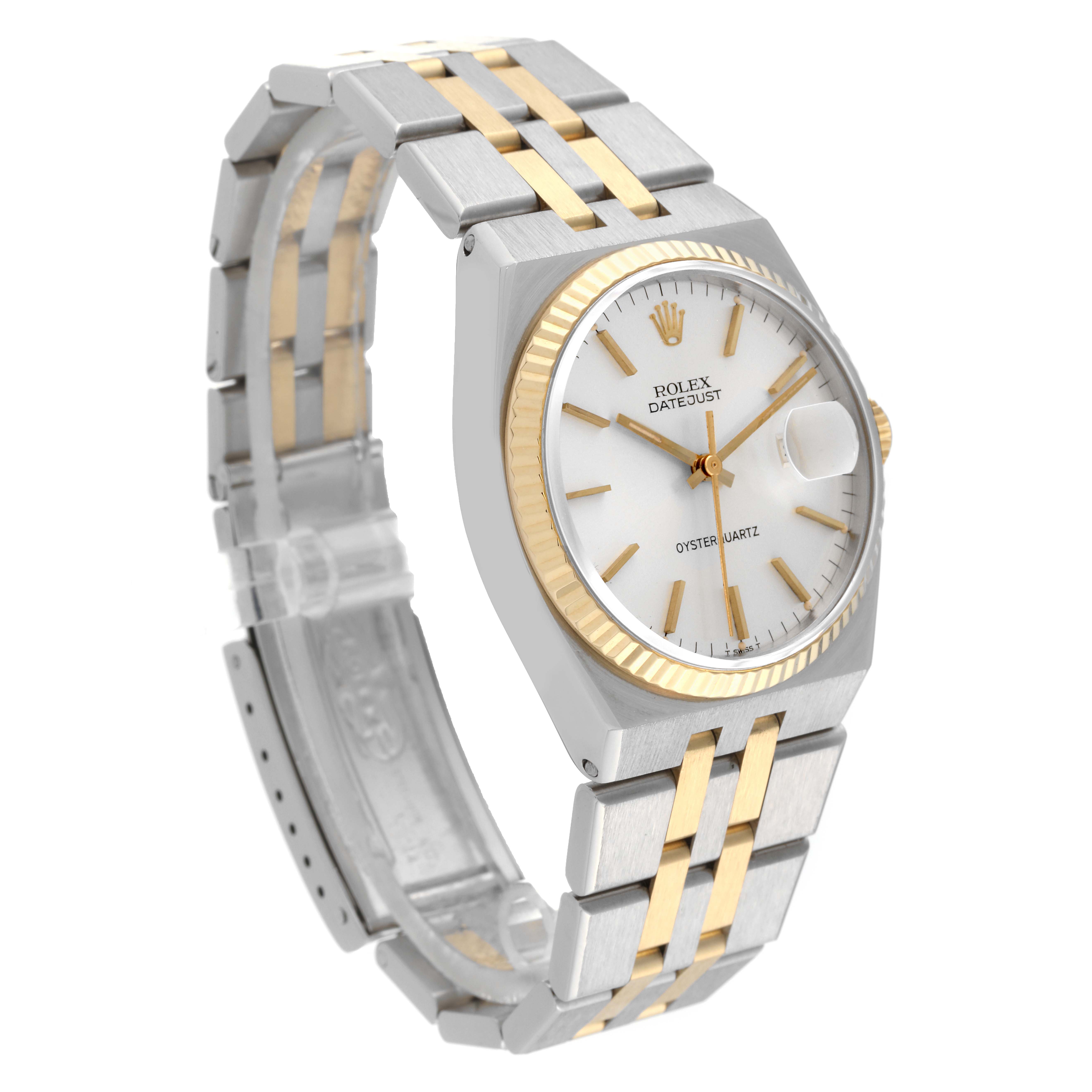 The Rolex Oysterquartz 17013 Men's Steel and Gold (two tone) Silver Dial 17013 Men's Steel and Gold (two tone) Silver Dial watch is shown at a slight angle, displaying its face, bezel, crown, and bracelet.