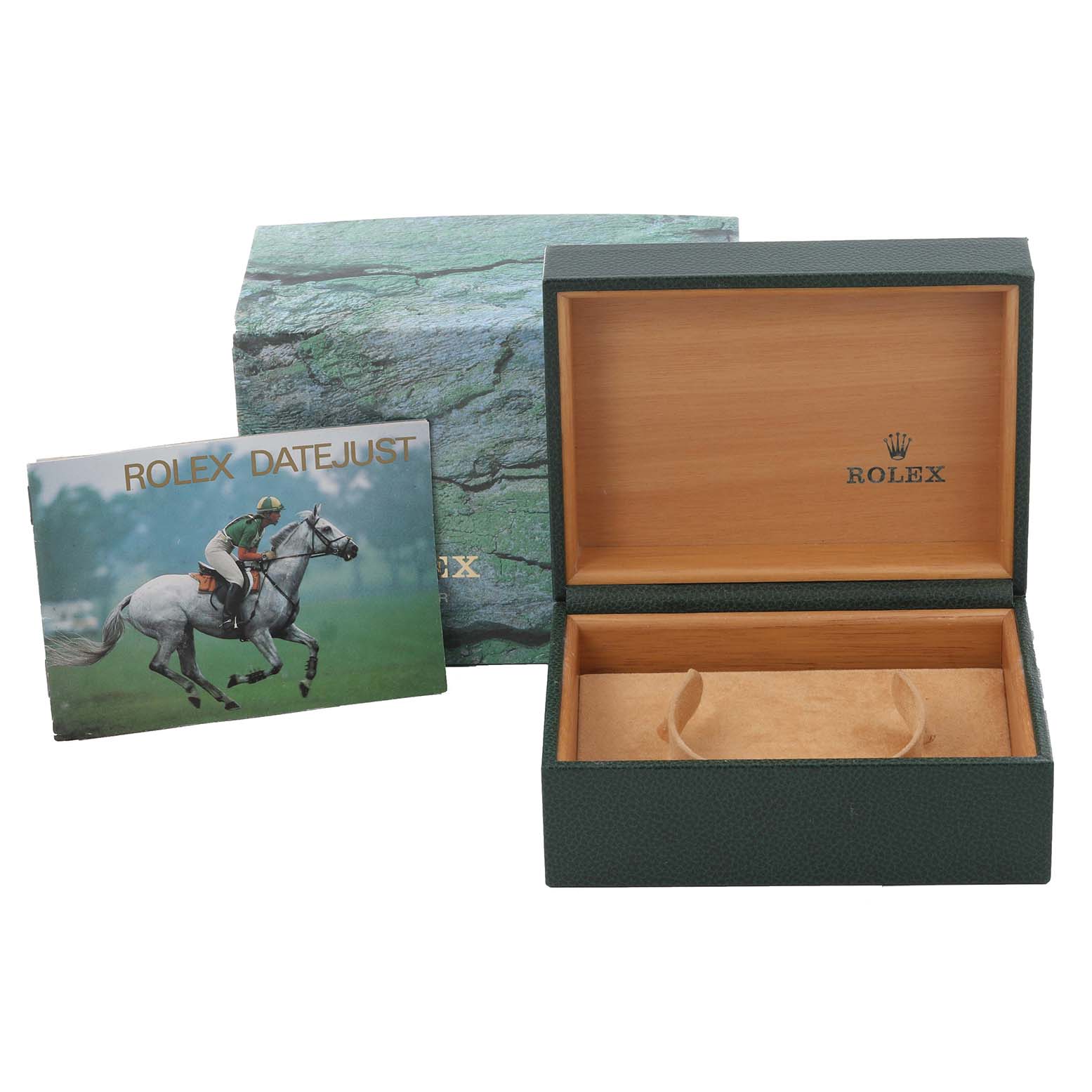 The image shows a Rolex Oysterquartz 17013 Men's Steel and Gold (two tone) Silver Dial 17013 Men's Steel and Gold (two tone) Silver Dial Datejust watch box, packaging, and informational booklet.