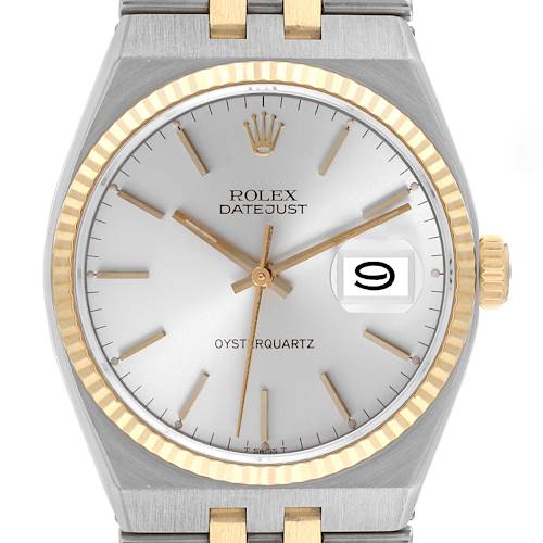 The image shows a front view of a Rolex Oysterquartz Datejust watch, highlighting the dial, hands, bezel, crown, and part of the bracelet.