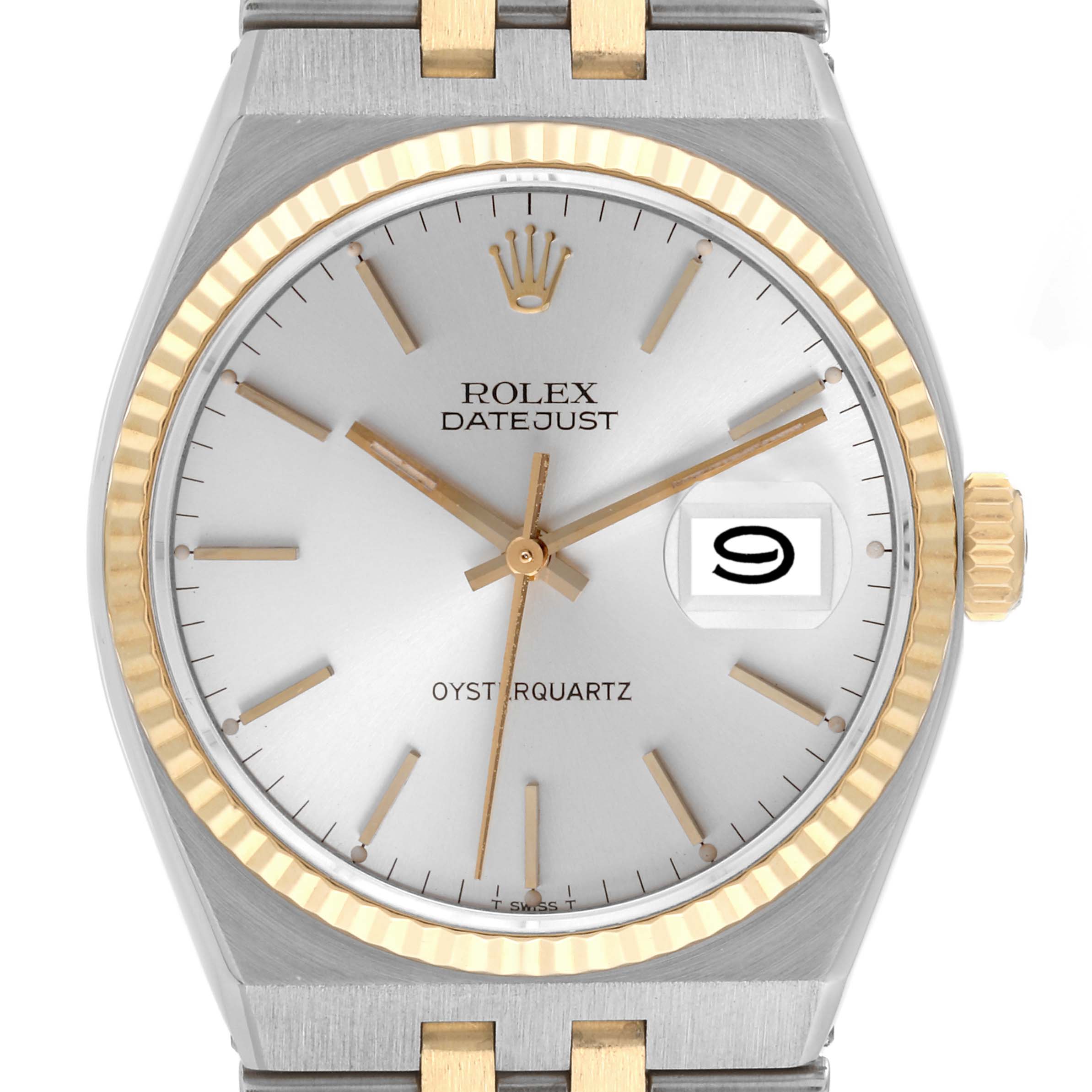 The image shows a front view of a Rolex Oysterquartz 17013 Men's Steel and Gold (two tone) Silver Dial 17013 Men's Steel and Gold (two tone) Silver Dial Datejust watch, highlighting the dial, bezel, crown, and part of the bracelet.