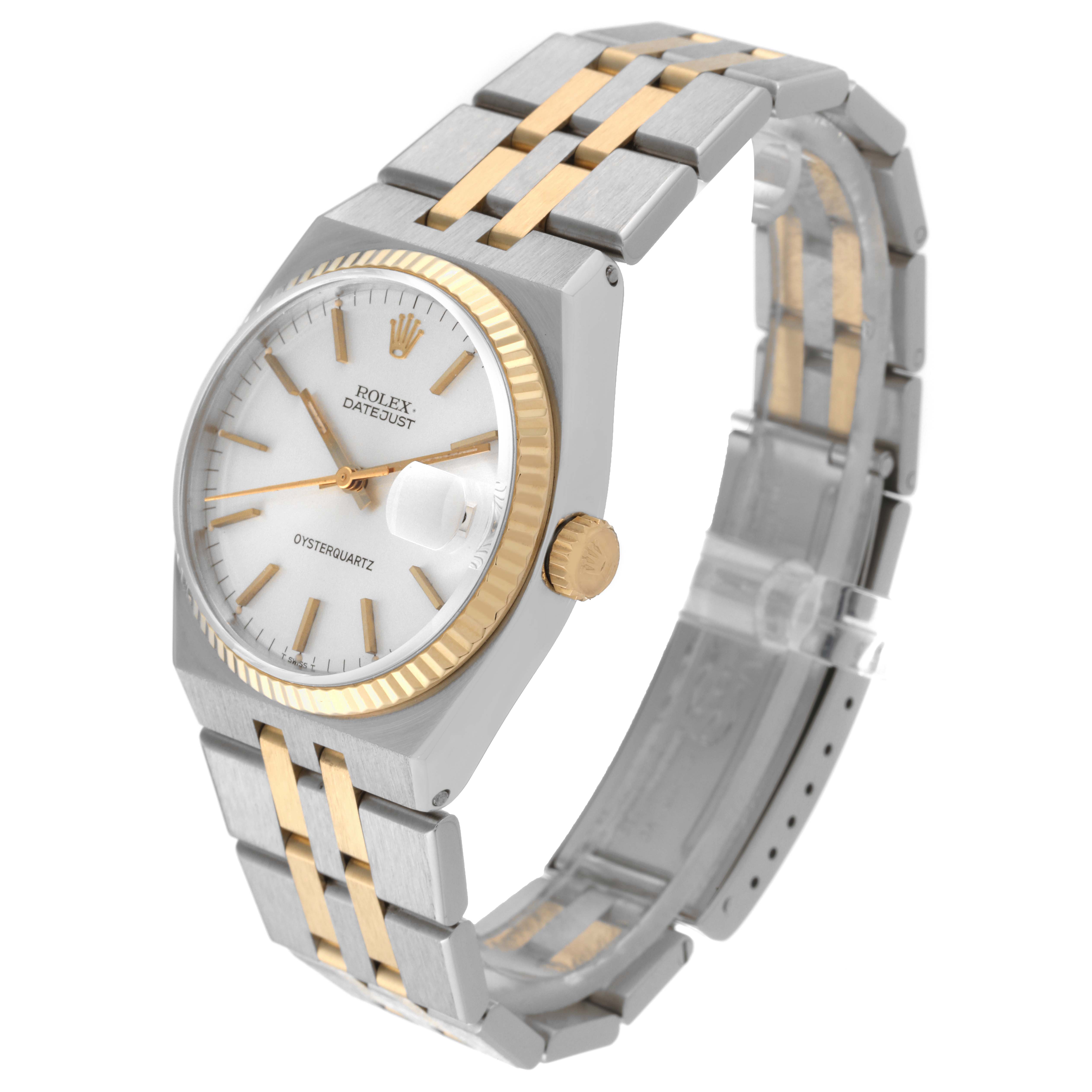 The Rolex Oysterquartz 17013 Men's Steel and Gold (two tone) Silver Dial 17013 Men's Steel and Gold (two tone) Silver Dial Datejust watch is shown at a three-quarter angle, highlighting the face, dial, crown, and two-tone bracelet.