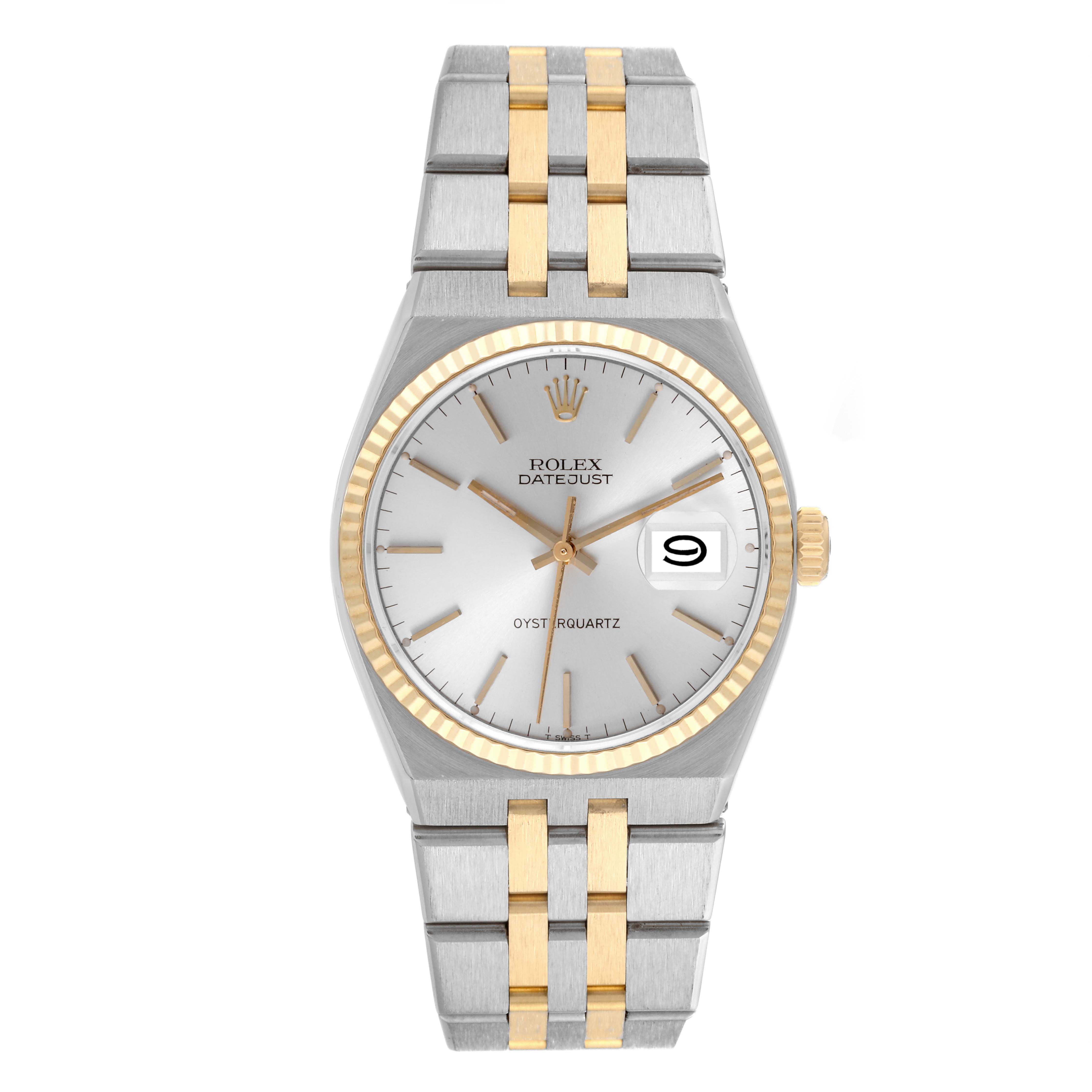 The Rolex Oysterquartz 17013 Men's Steel and Gold (two tone) Silver Dial 17013 Men's Steel and Gold (two tone) Silver Dial watch is shown from a front angle, displaying its dial, bezel, and bracelet.