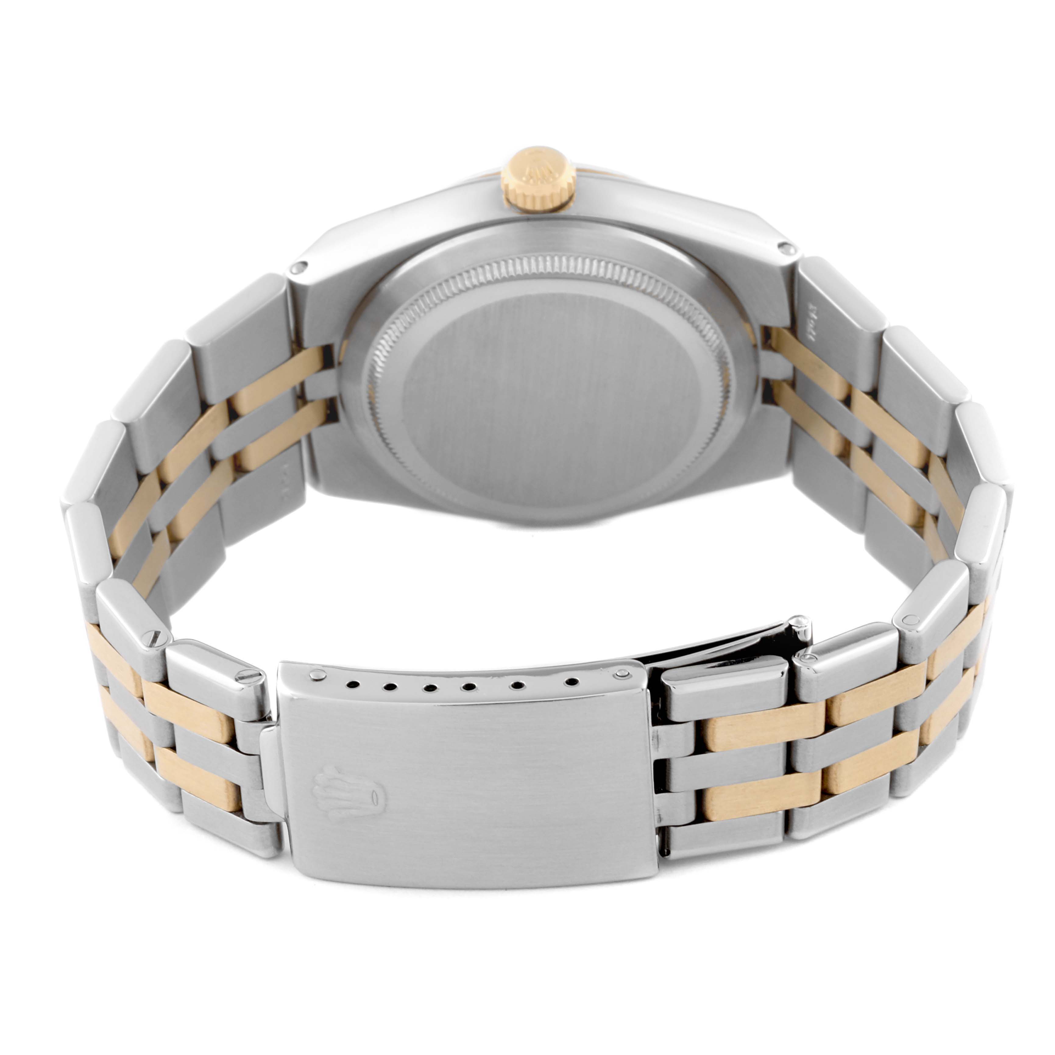 The image shows the back of the Rolex Oysterquartz 17013 Men
s Steel and Gold (two tone) Blue Dial 17013 Men
s Steel and Gold (two tone) Blue Dial watch, including the case back, crown, and bracelet with a two-tone design.