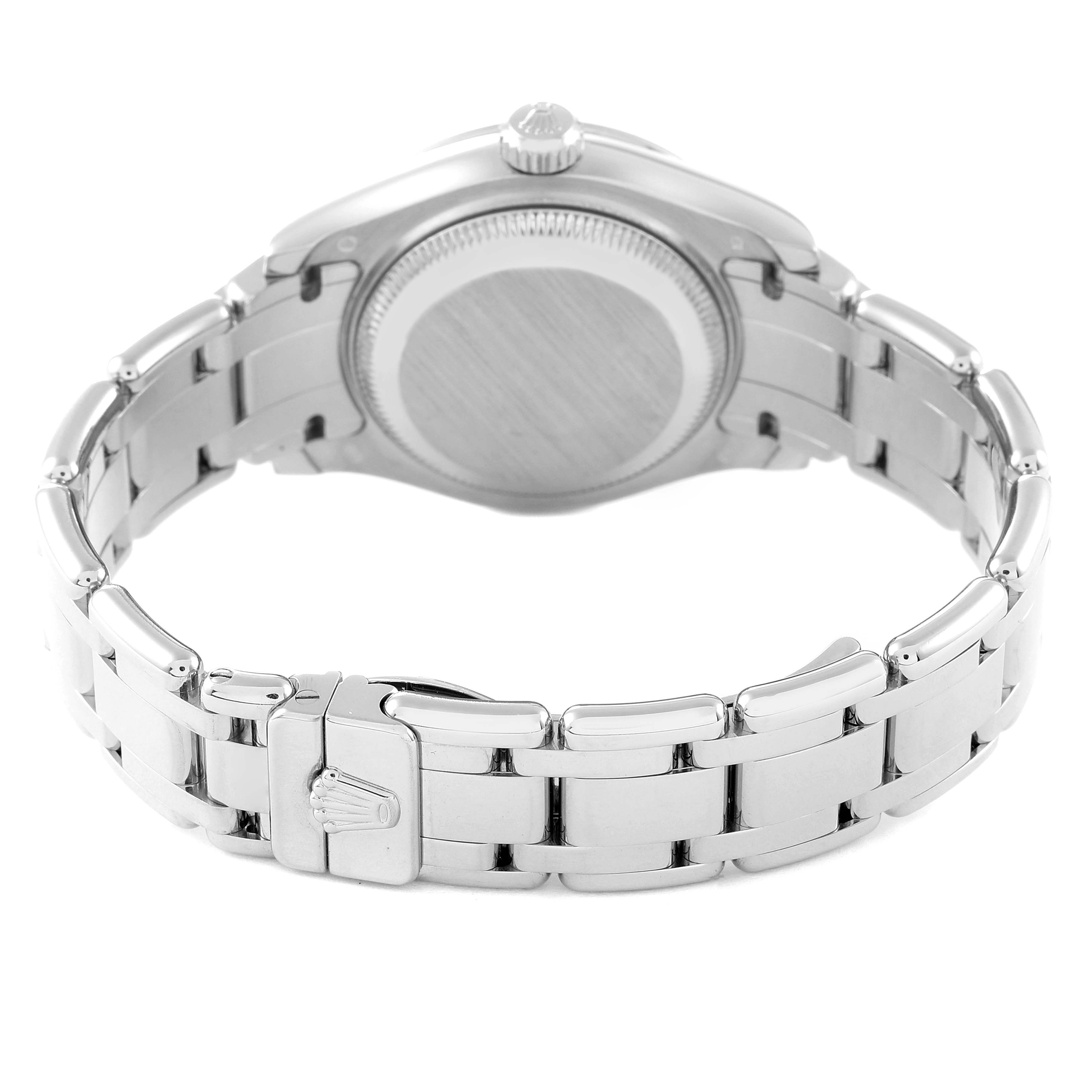 The image shows the back case and bracelet clasp of a Rolex Pearlmaster 80299 Women's White Gold White Dial 80299 Women's White Gold White Dial watch from a rear angle.