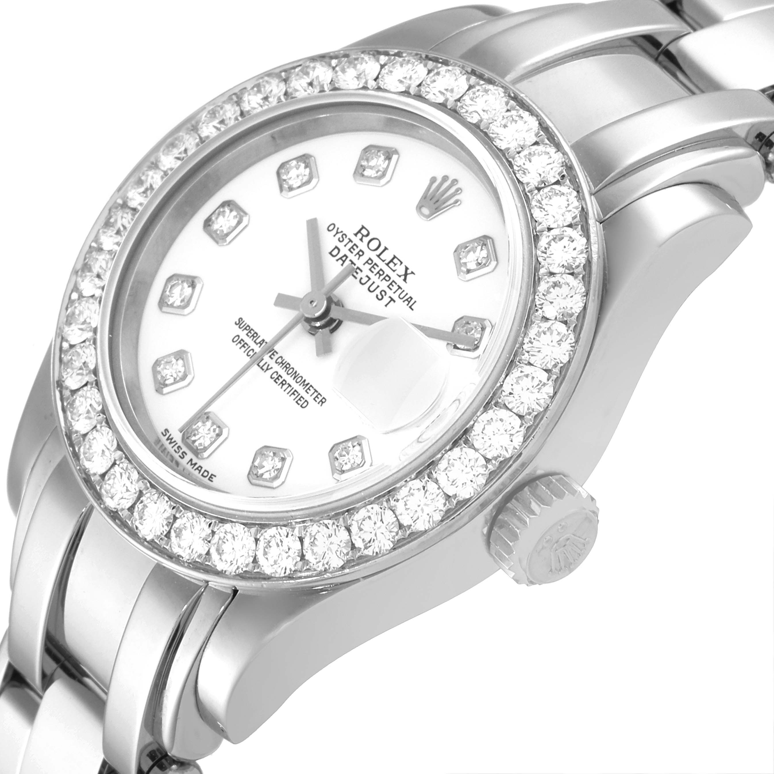 The image shows a close-up view of the Rolex Pearlmaster 80299 Women's White Gold White Dial 80299 Women's White Gold White Dial watch face and bezel, highlighting its diamond accents and bracelet.
