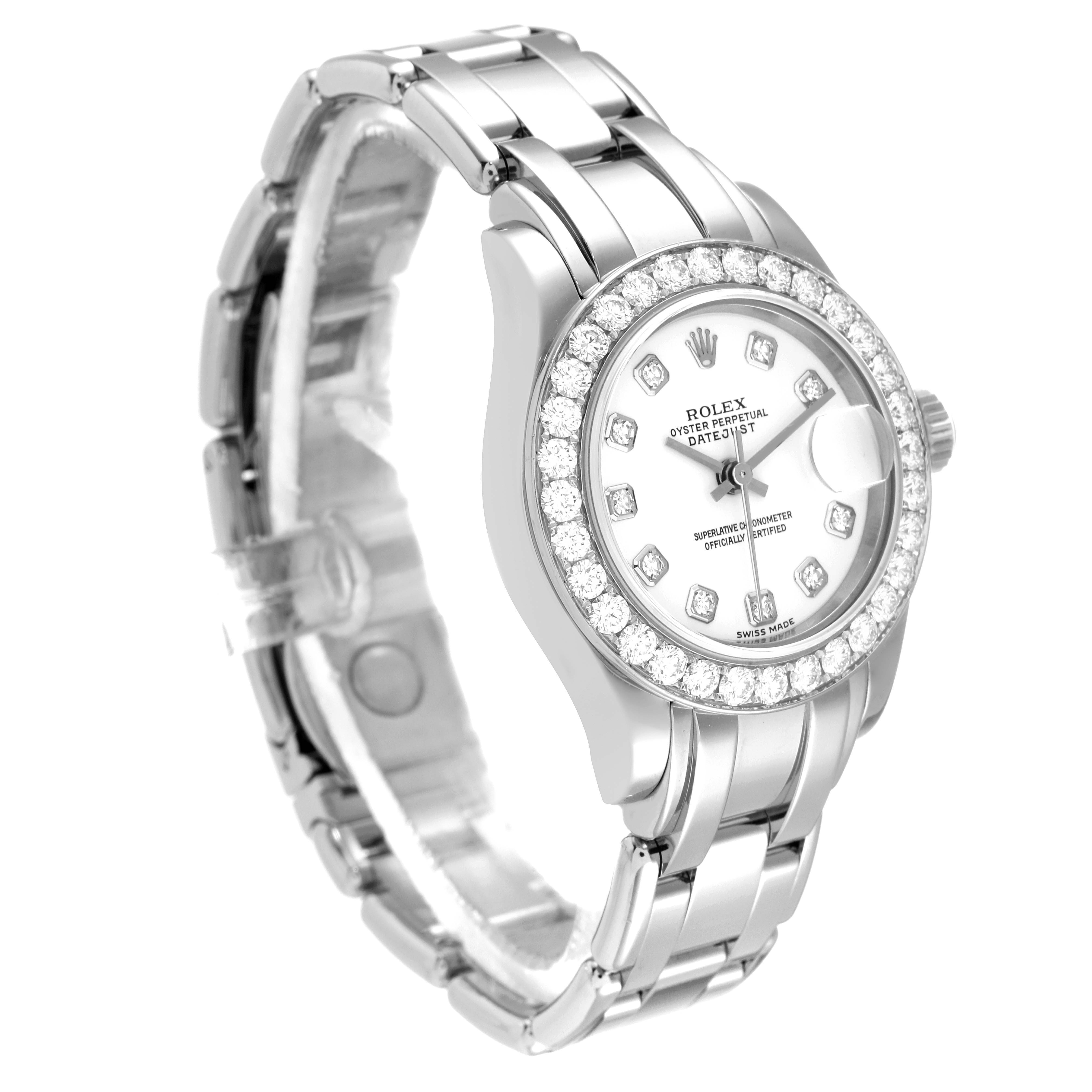 The Rolex Pearlmaster 80299 Women's White Gold White Dial 80299 Women's White Gold White Dial watch is shown at a three-quarter angle, displaying the face, bezel, and part of the bracelet.