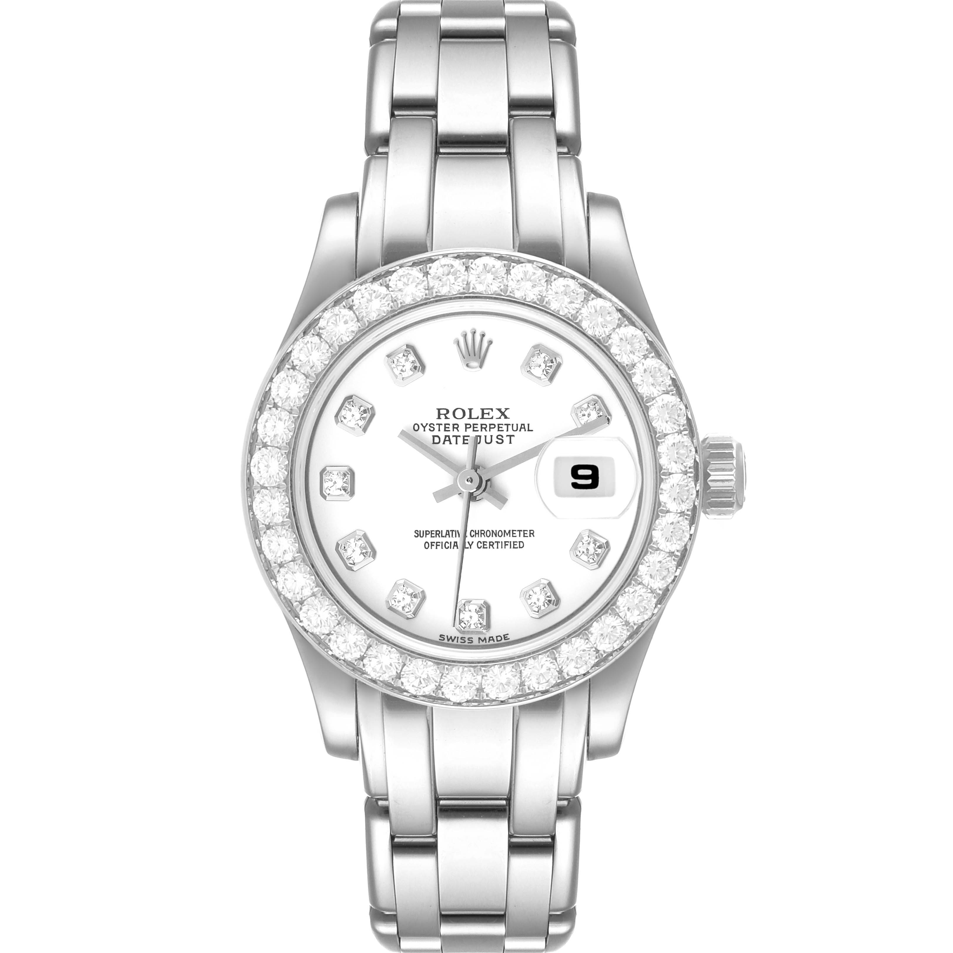 This image shows a front view of a Rolex Pearlmaster 80299 Women's White Gold White Dial 80299 Women's White Gold White Dial watch, displaying its dial, bezel, bracelet, and crown.
