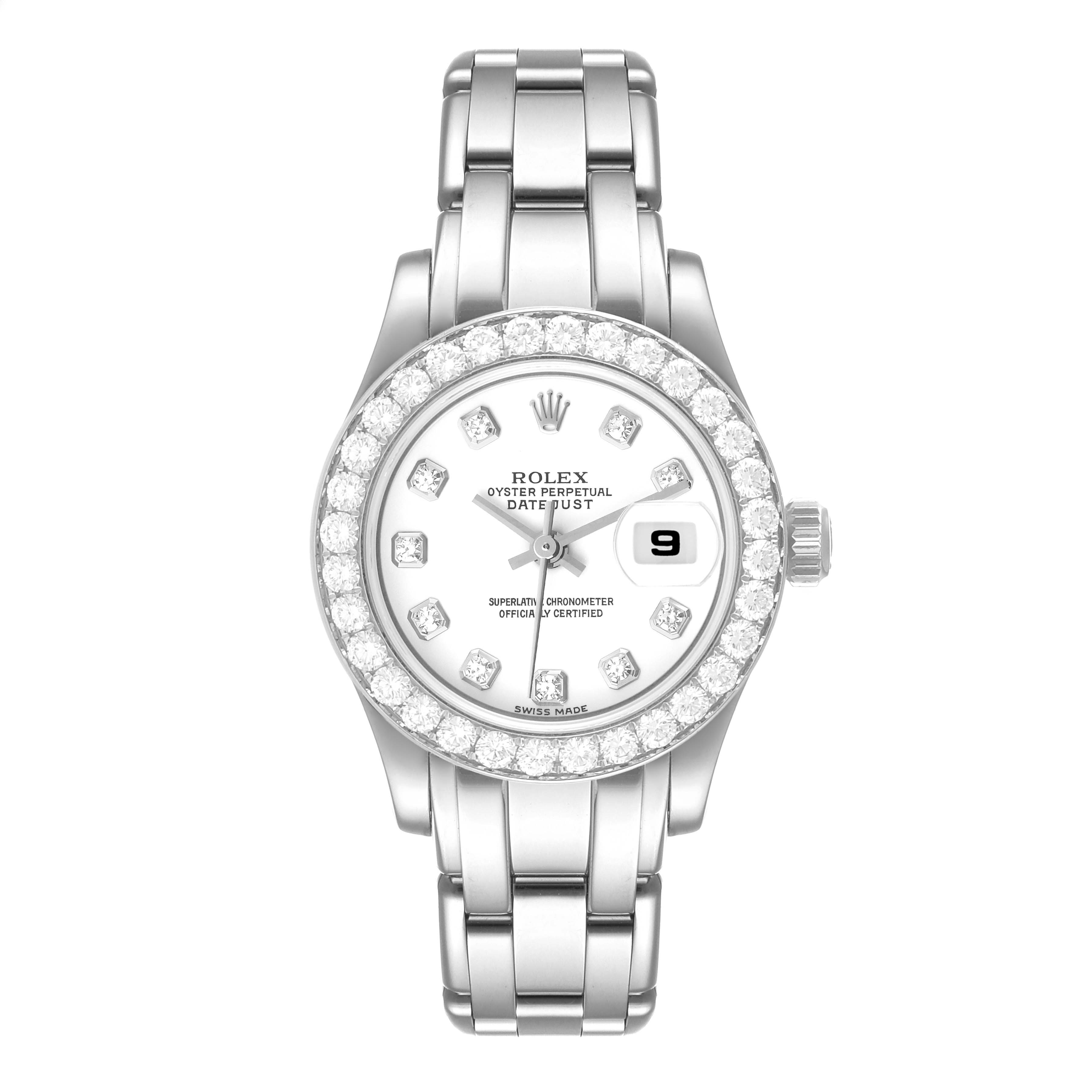 The image shows a front view of a Rolex Pearlmaster 80299 Women's White Gold White Dial 80299 Women's White Gold White Dial watch, highlighting its face, bracelet, and diamond-studded bezel.