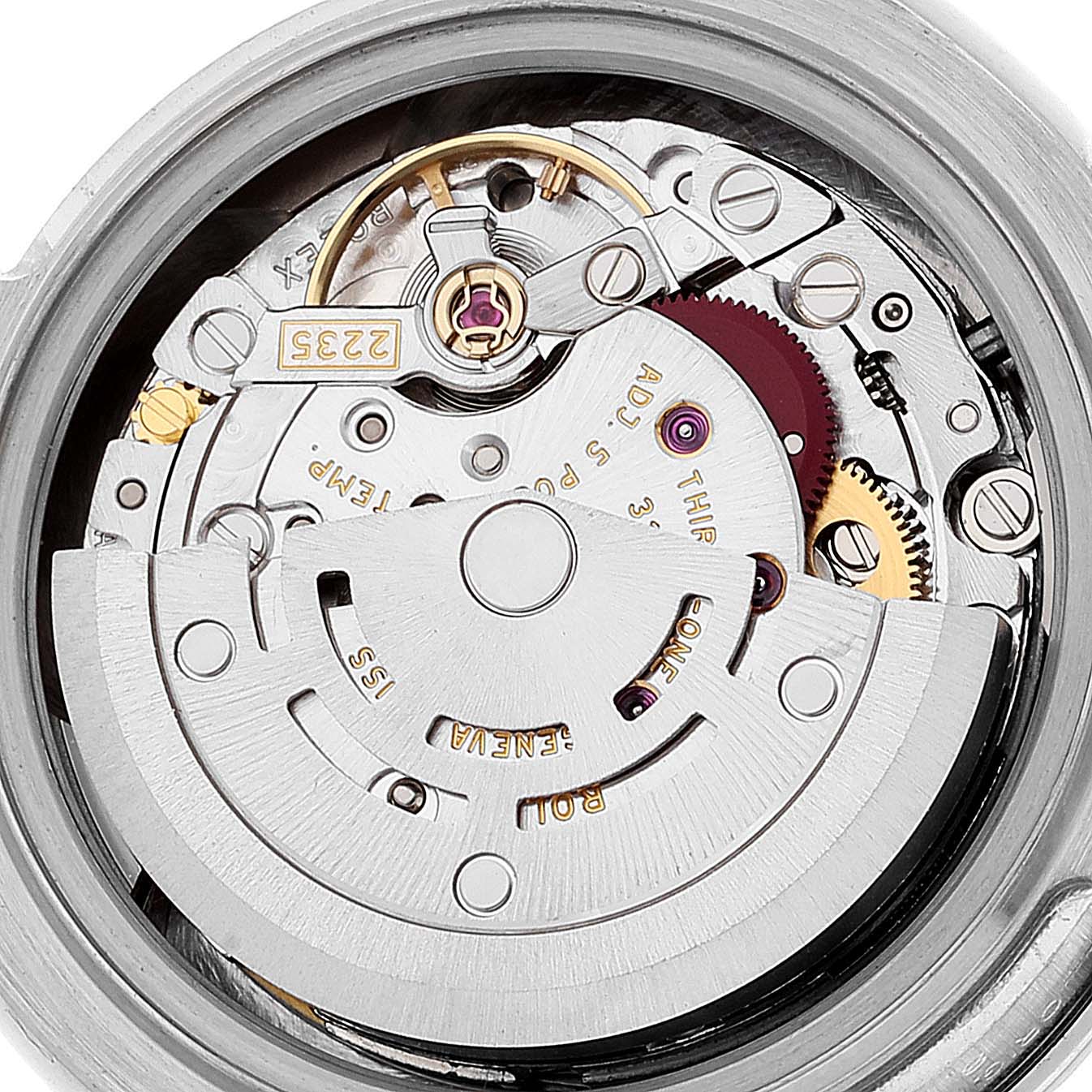 The image shows a close-up view of the movement mechanism inside a Rolex Pearlmaster 80299 Women's White Gold Mother of Pearl Dial 80299 Women's White Gold Mother of Pearl Dial watch.