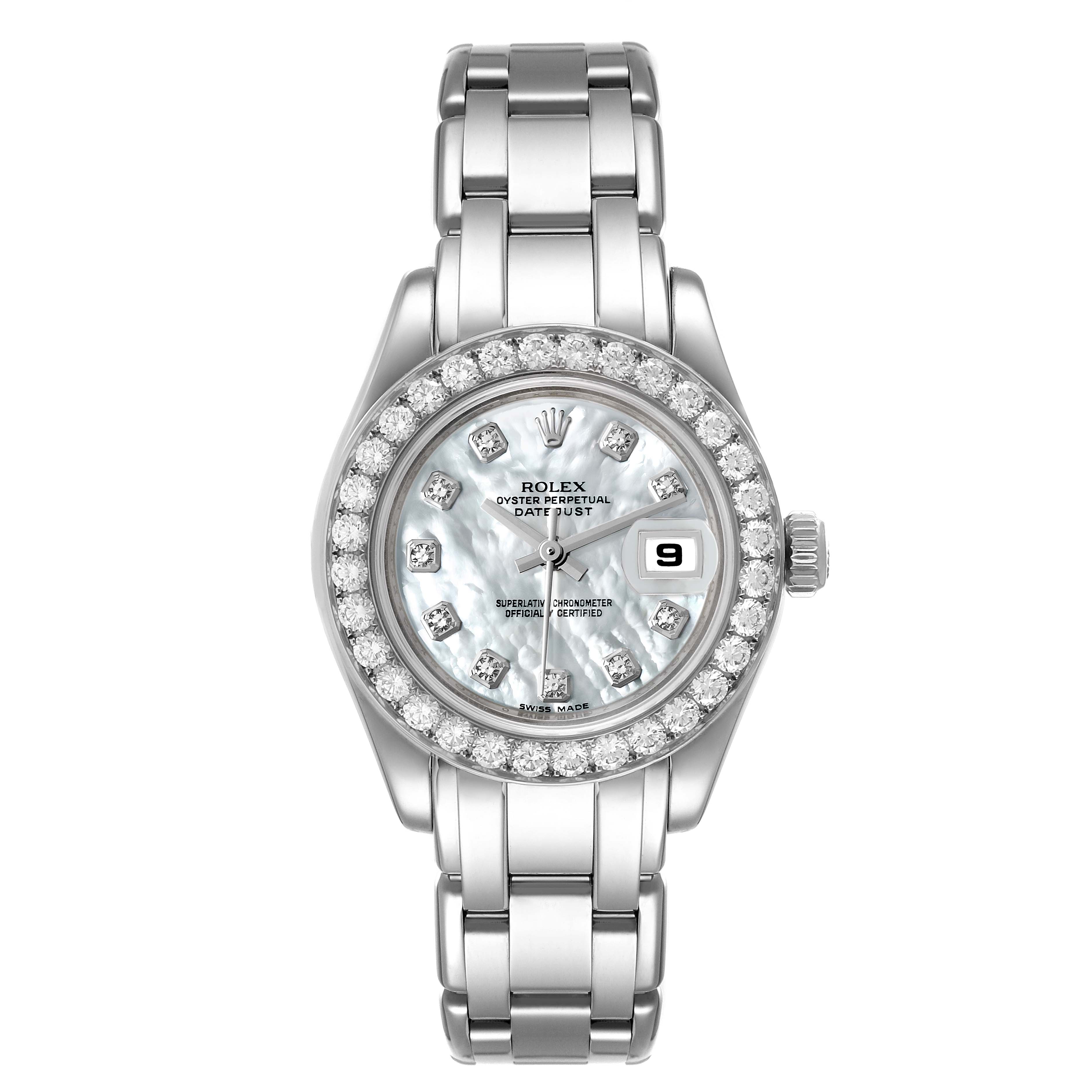 The image shows a front view of the Rolex Pearlmaster 80299 Women's White Gold Mother of Pearl Dial 80299 Women's White Gold Mother of Pearl Dial watch, displaying its face, bezel, and bracelet.