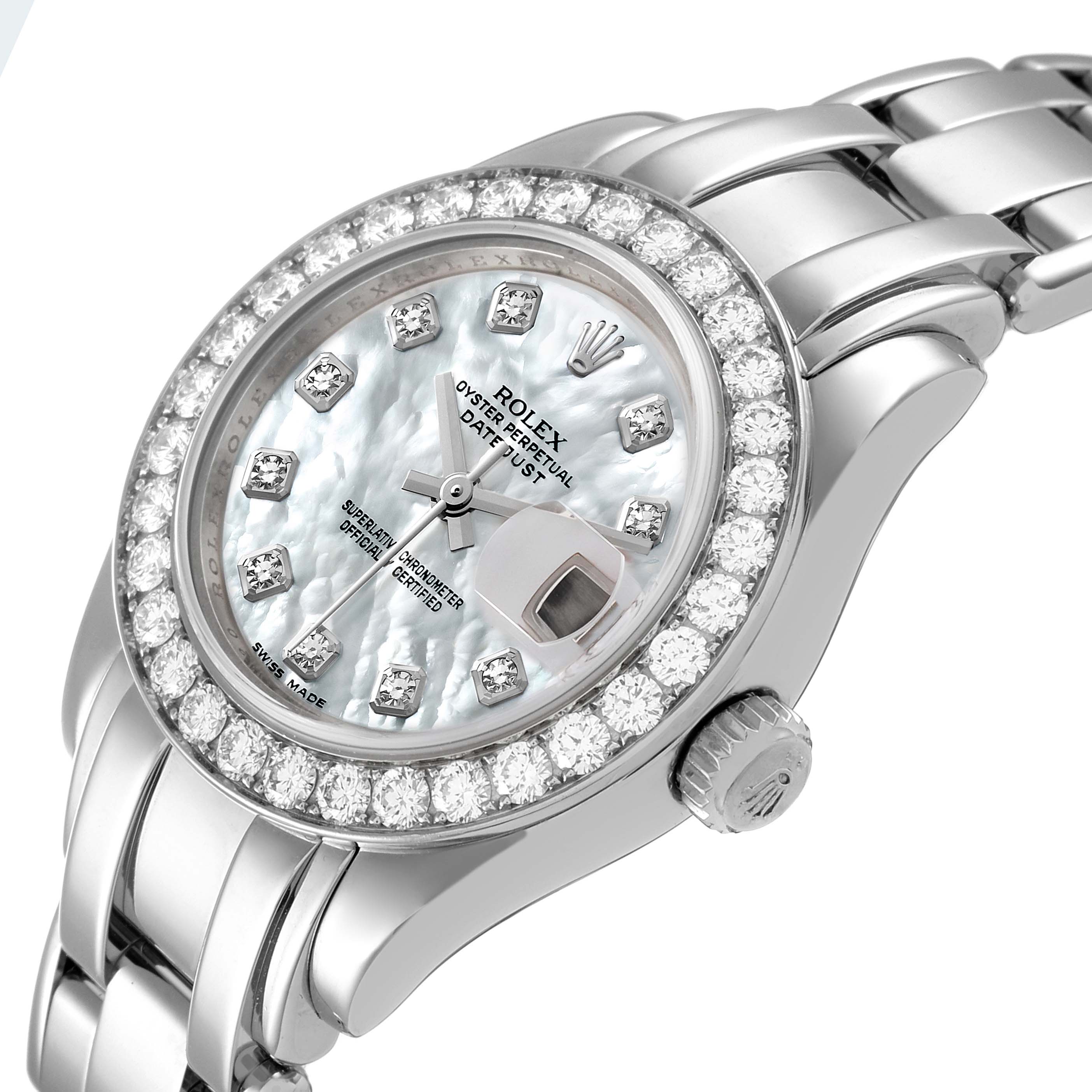 This image shows a close-up angle of the Rolex Pearlmaster 80299 Women's White Gold Mother of Pearl Dial 80299 Women's White Gold Mother of Pearl Dial watch, featuring its diamond bezel, bracelet, and dial.