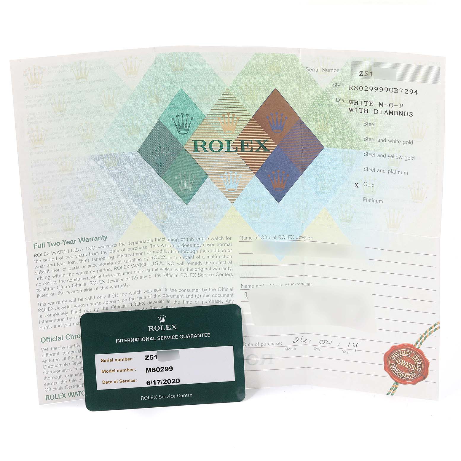 The image shows the warranty paper and service guarantee card for a Rolex Pearlmaster 80299 Women's White Gold Mother of Pearl Dial 80299 Women's White Gold Mother of Pearl Dial model watch.
