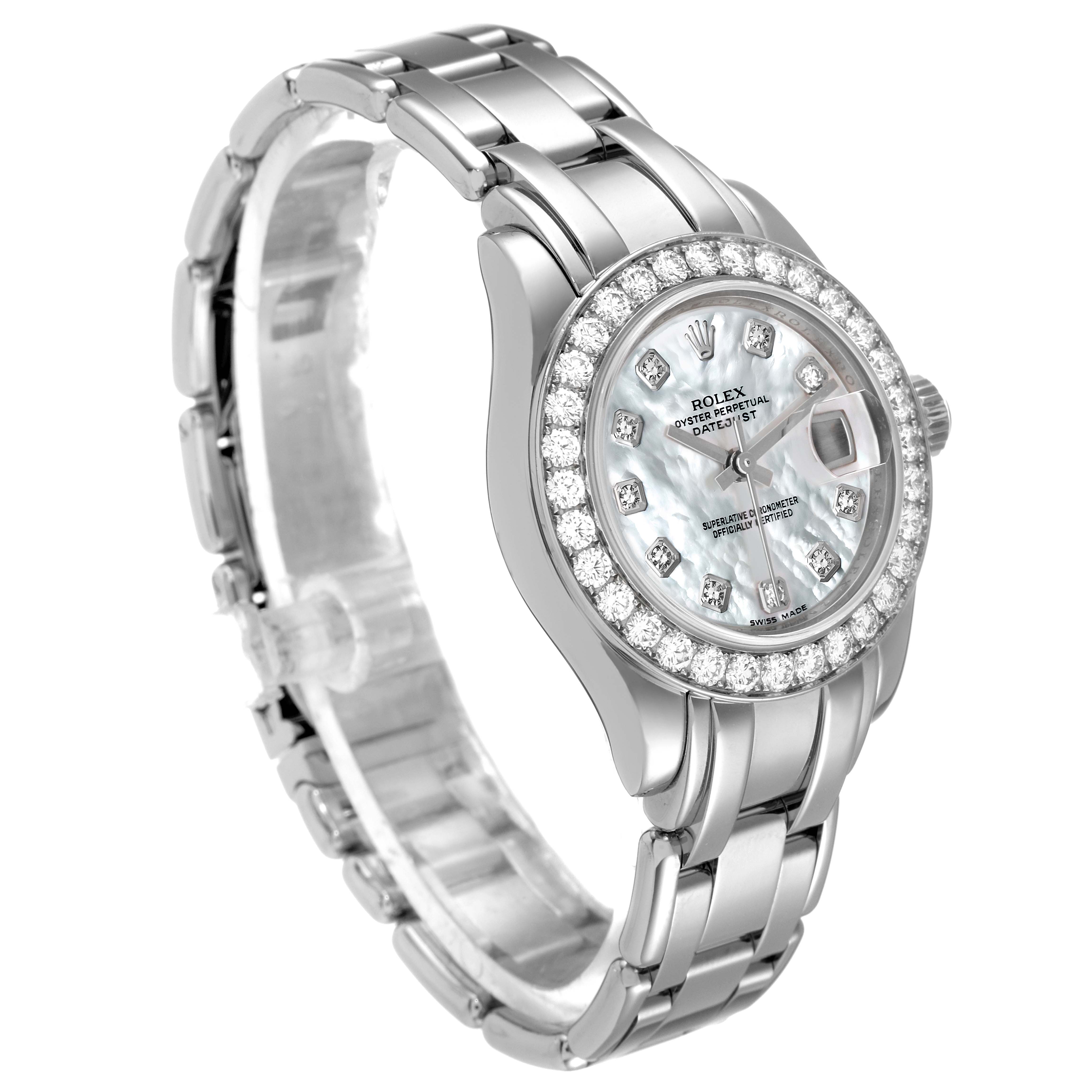 The Rolex Pearlmaster 80299 Women's White Gold Mother of Pearl Dial 80299 Women's White Gold Mother of Pearl Dial watch is shown at a three-quarter angle, highlighting the face, bezel, and bracelet links.